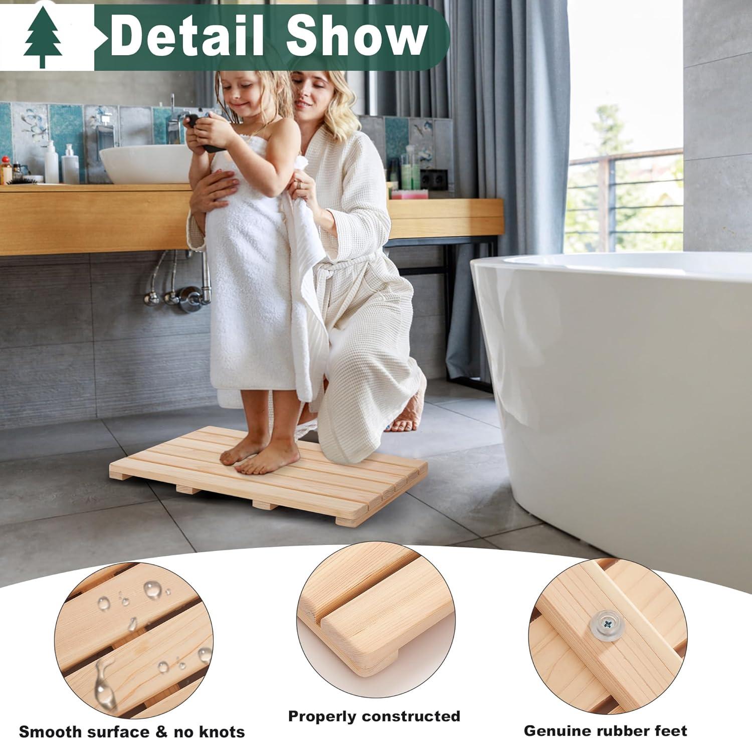 bingaai Hinoki Wood Shower and Bath Mat 25×18.9 in, Natural Japanese Hinoki Wooden Bath Mat, Non-Slip Bathroom Mat Wood for Indoor Outdoor Shower, Wooden Floor Mat for Spa Sauna Camping