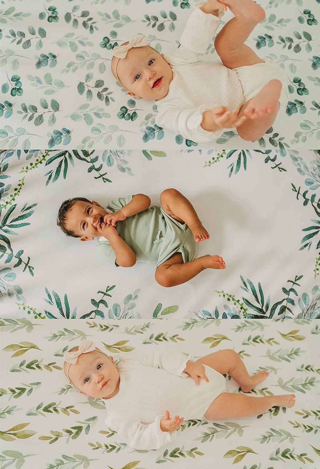 NODNAL CO. Green Leafy Cotton Bassinet Fitted Sheet Set, 100% OEKO-TEX Cotton, 3 Pieces, for Newborn Infant Baby Girl or Boy Nursery Bedding, Gender Neutral Leafs, Greenery, Floral Eucalyptus
