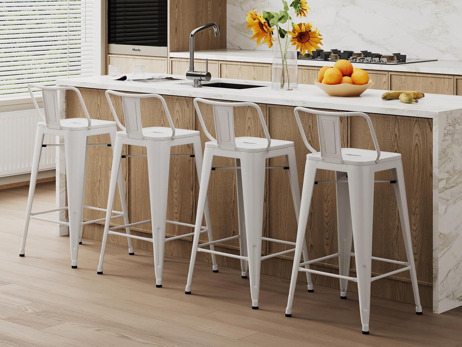 Set of 4 White Metal Bar Stools with Wooden Seats