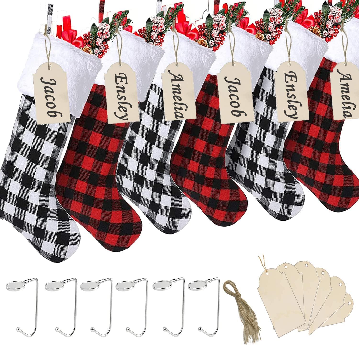 TinyGlam  Christmas Red Black Buffalo Plaid Stockings,6 Pack 18 Inches Large Plaid Stockings with Plush Cuff,Classic Christmas Stockings Decorations for Fireplace Hanging and Holiday Décor