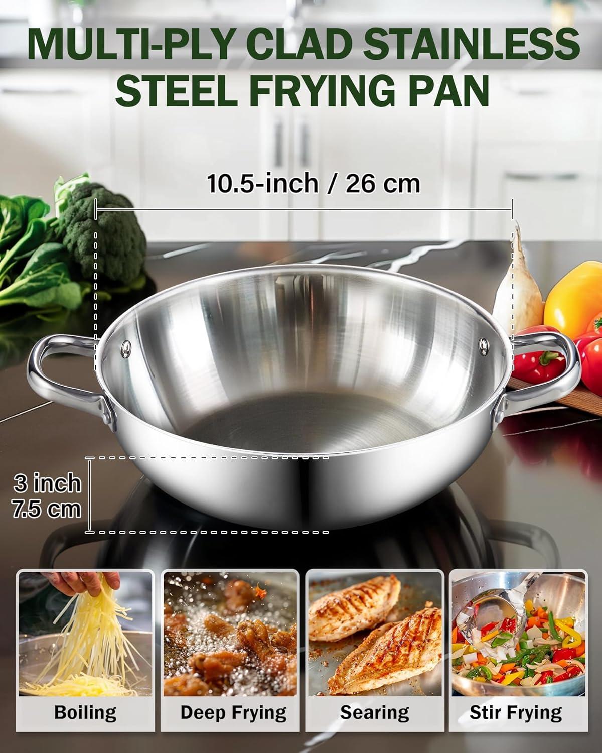 Cook N Home Tri-Ply Stainless Steel Wok, 12 inch Induction Wok with Lid, Flat Bottom Wok Stir Fry Pan, Silve