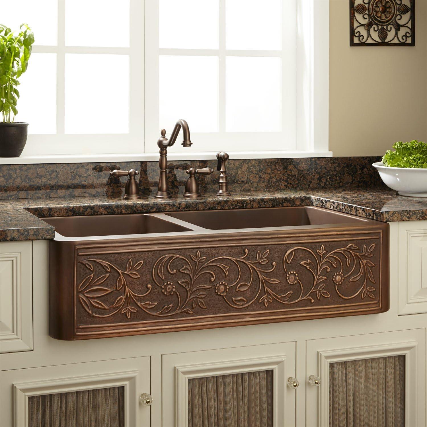 Signature Hardware 318919 33" Vine Design 60/40 Offset Double-Bowl Copper Farmhouse Sink