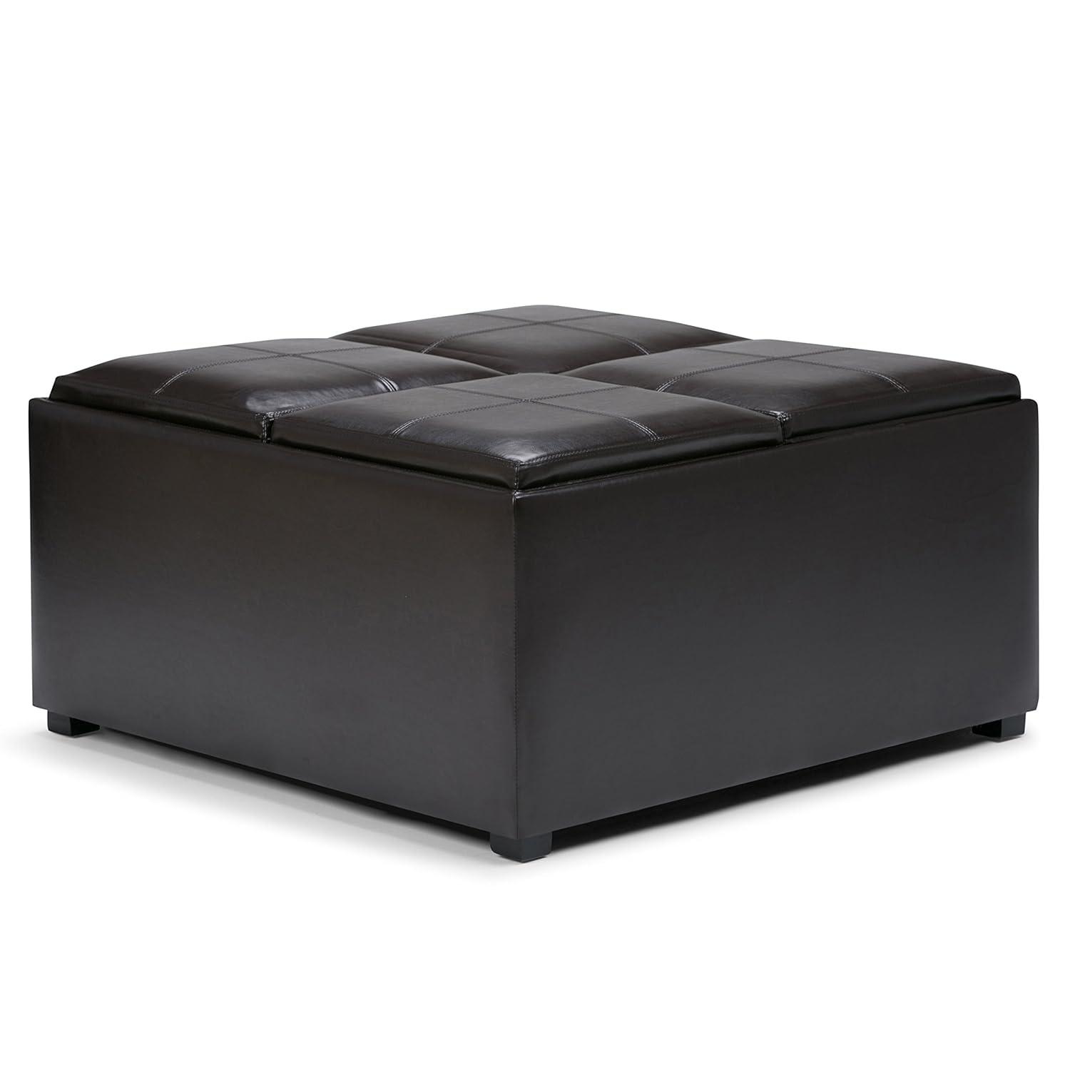 Simpli Home Avalon Faux Leather Coffee Table Storage Ottoman in Tanners Brown