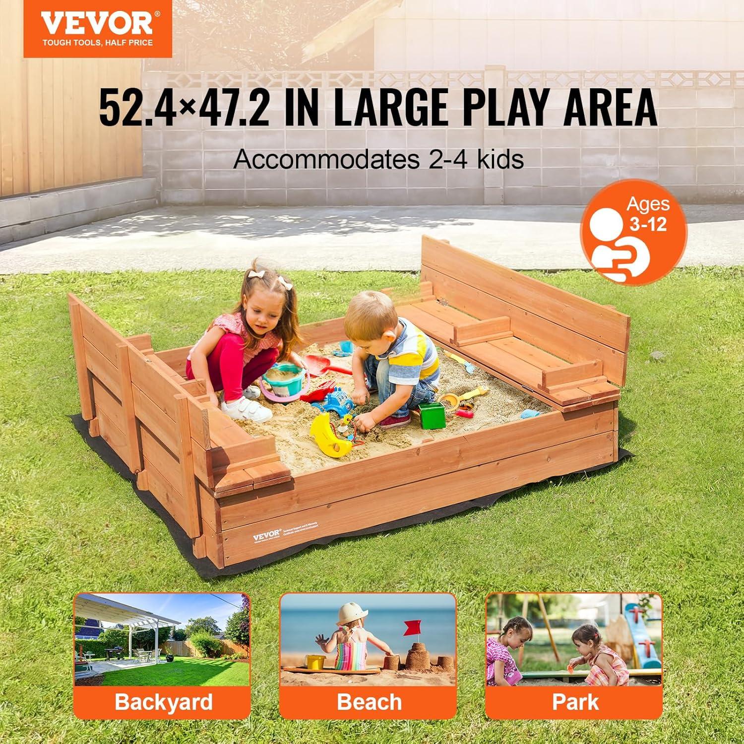 Natural Fir Wood Square Sandbox with Foldable Bench Seats