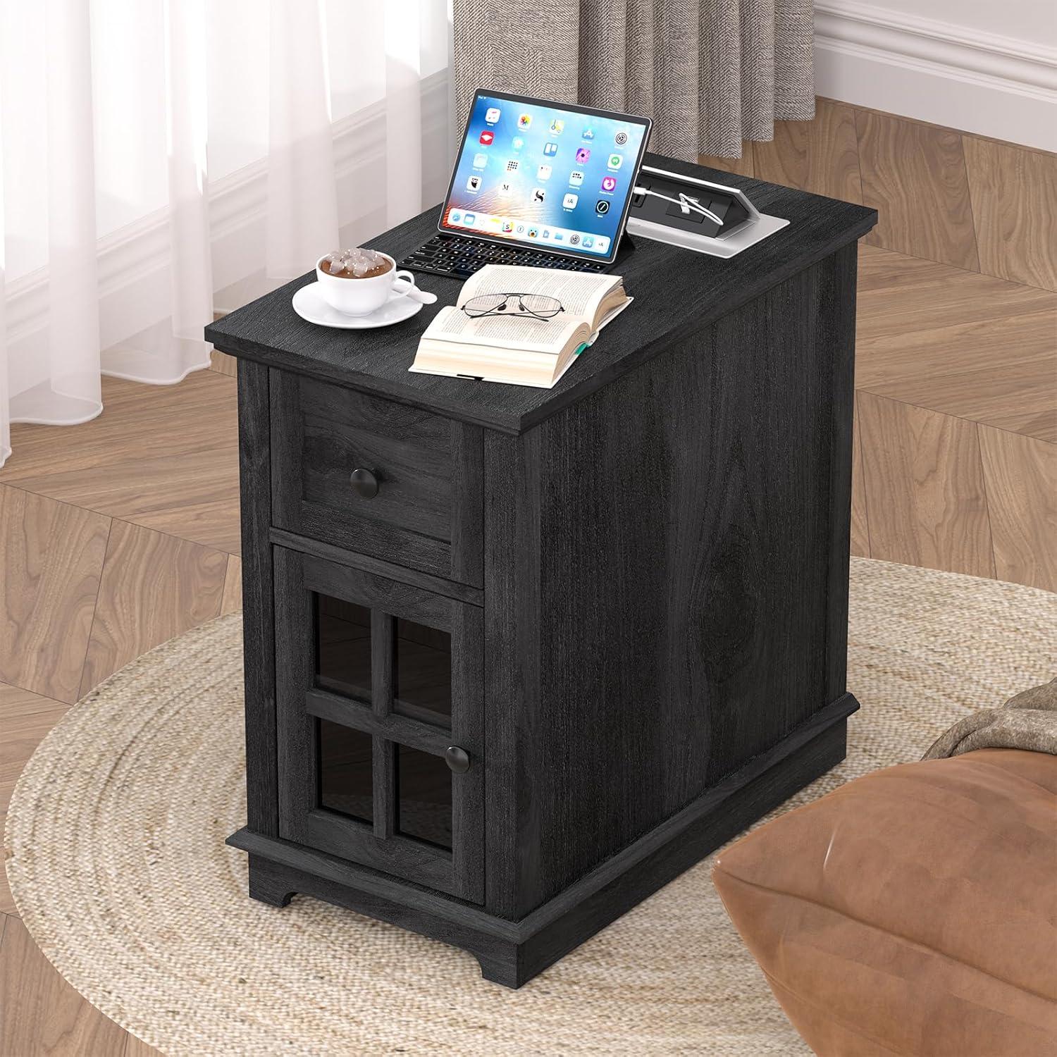 FAGAGA End Tables for Living Room with Charging Station, Wooden Nightstand for Bedroom with Storage Detachable Holder | Blackgrey