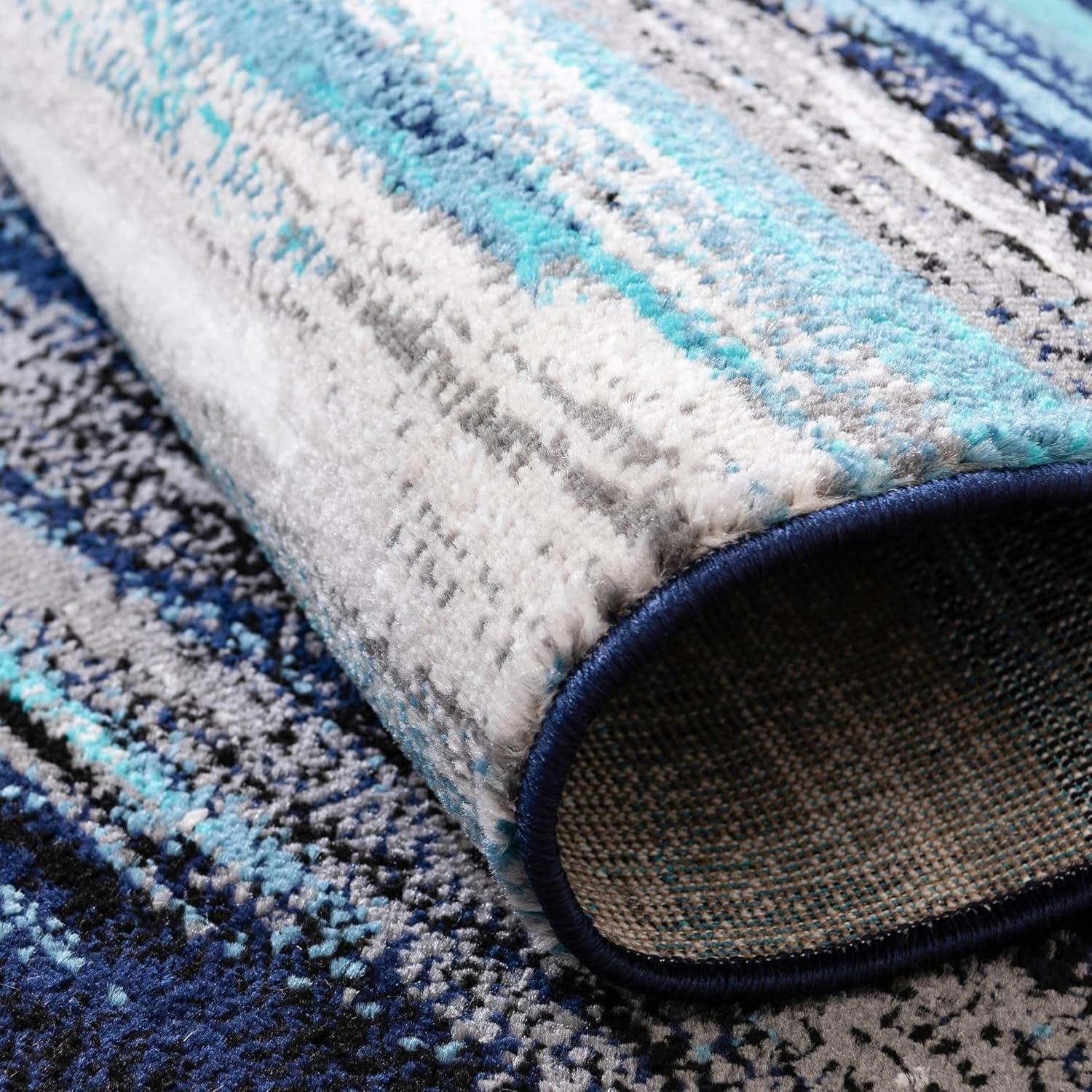 Navy Blue Abstract Rectangular Synthetic Indoor Rug, 7x10 ft