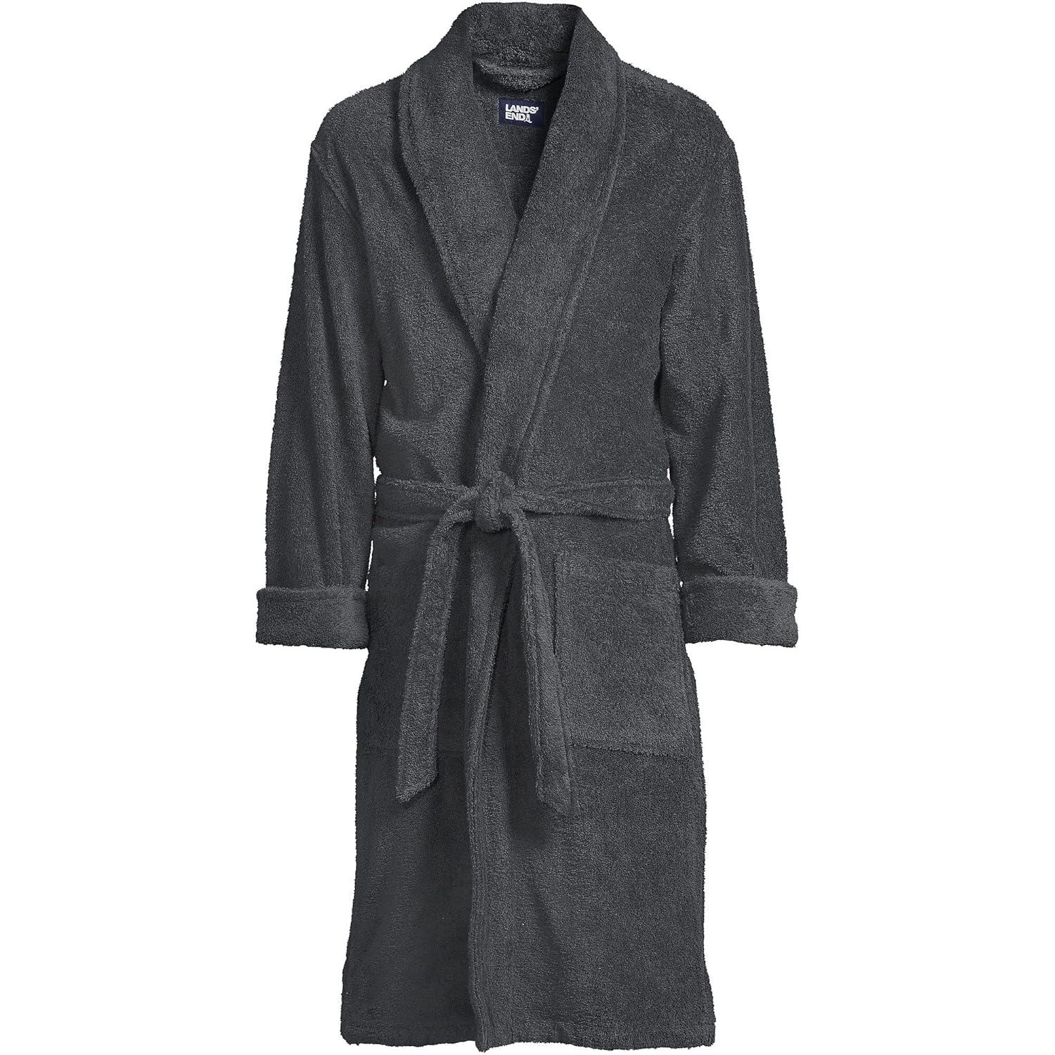 Lands' End Men's Calf Length Turkish Terry Robe - Small - Charcoal