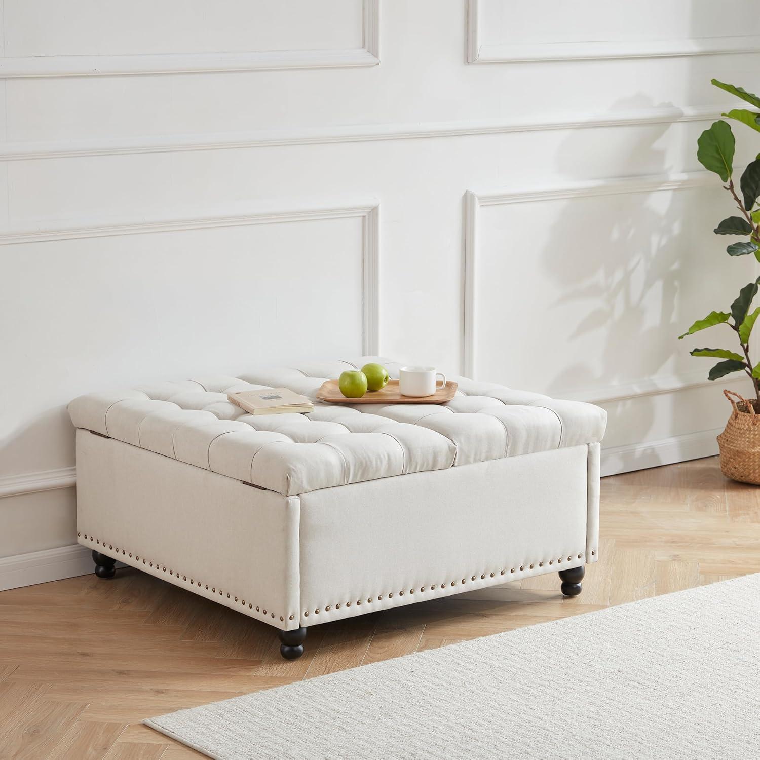 Beige Tufted Upholstered Square Storage Ottoman Bench