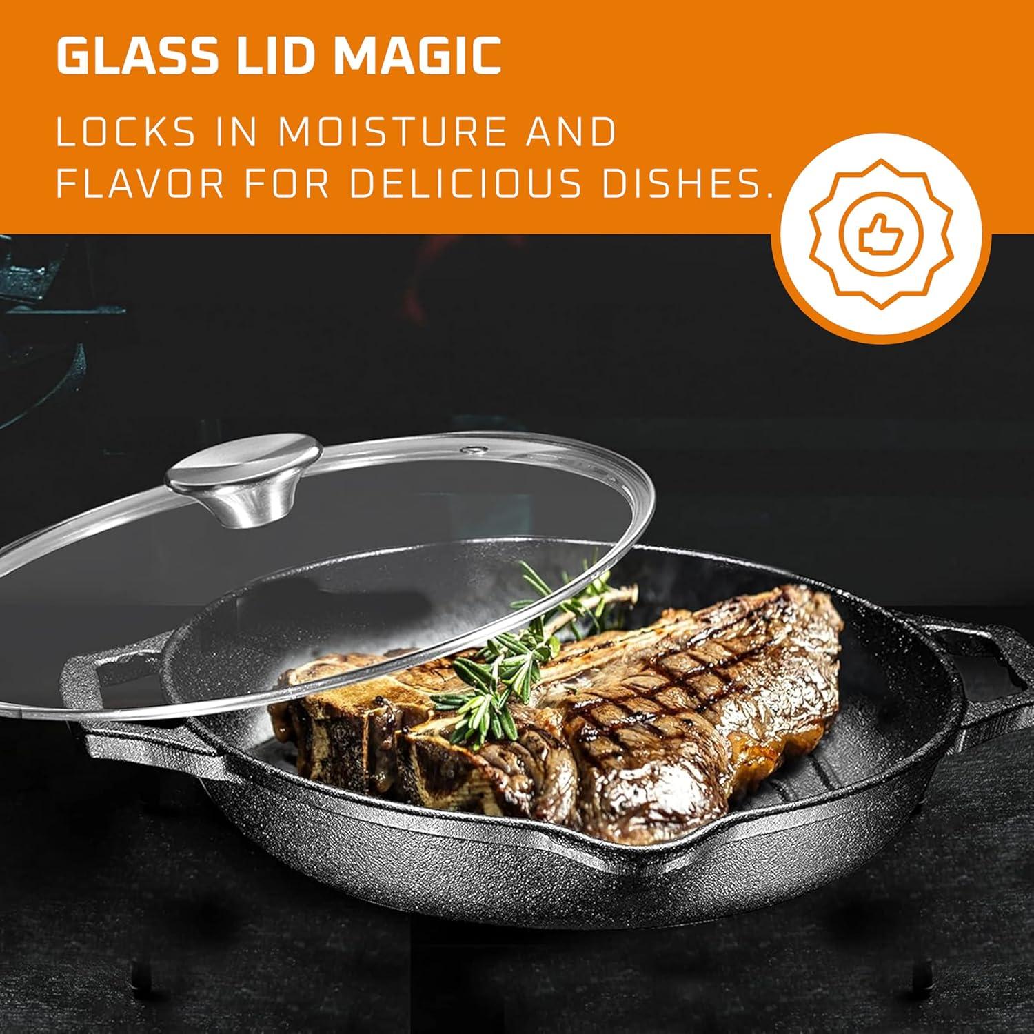Bruntmor Enameled Cast Iron Skillet with Glass Lid | 10 Inch Deep Round Grill Pan and Frying Pan with Double Loop Handles | Black | Flat Cast Iron Skillet