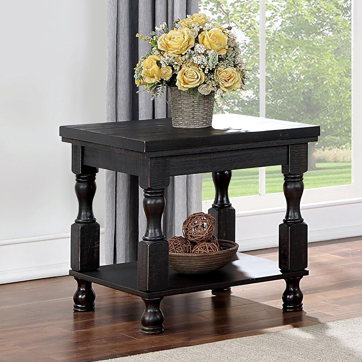 Antique Black Solid Wood Round End Table with Shelf