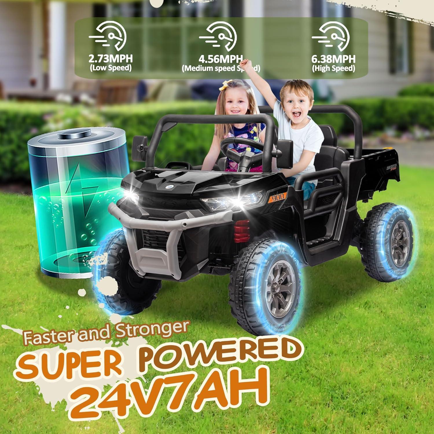 Funride 4WD 24 Volt Ride on Toys with Remote Control, 2 Seater Power Car Wheels UTV Toys, Ride on Truck Car w/ Electric Dump Bed, Shovel, Bluetooth Music