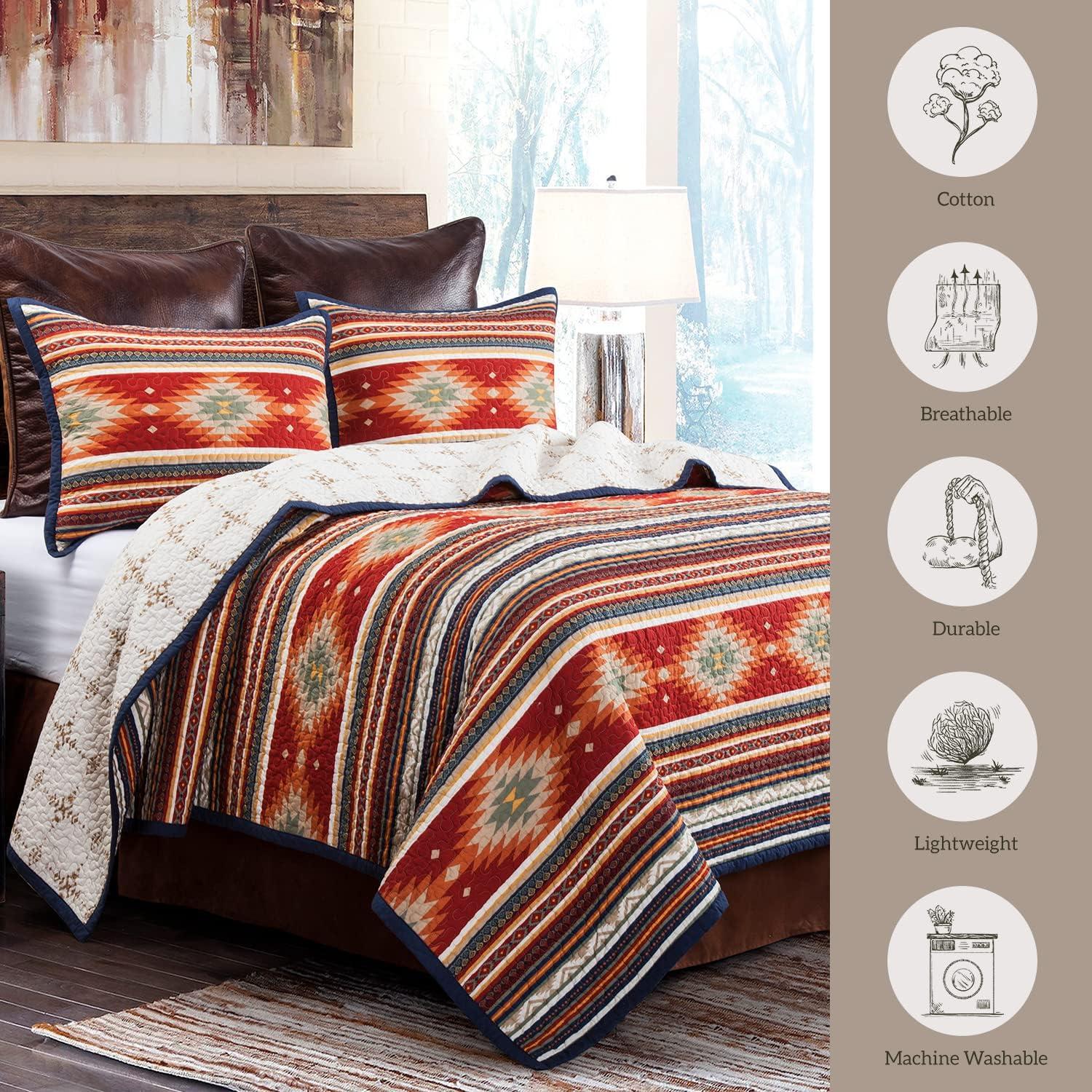Paseo Road by HiEnd Accents Del Sol Red/Orange/Tan Aztec Print Cotton Southwestern Style Reversible Quilt Set