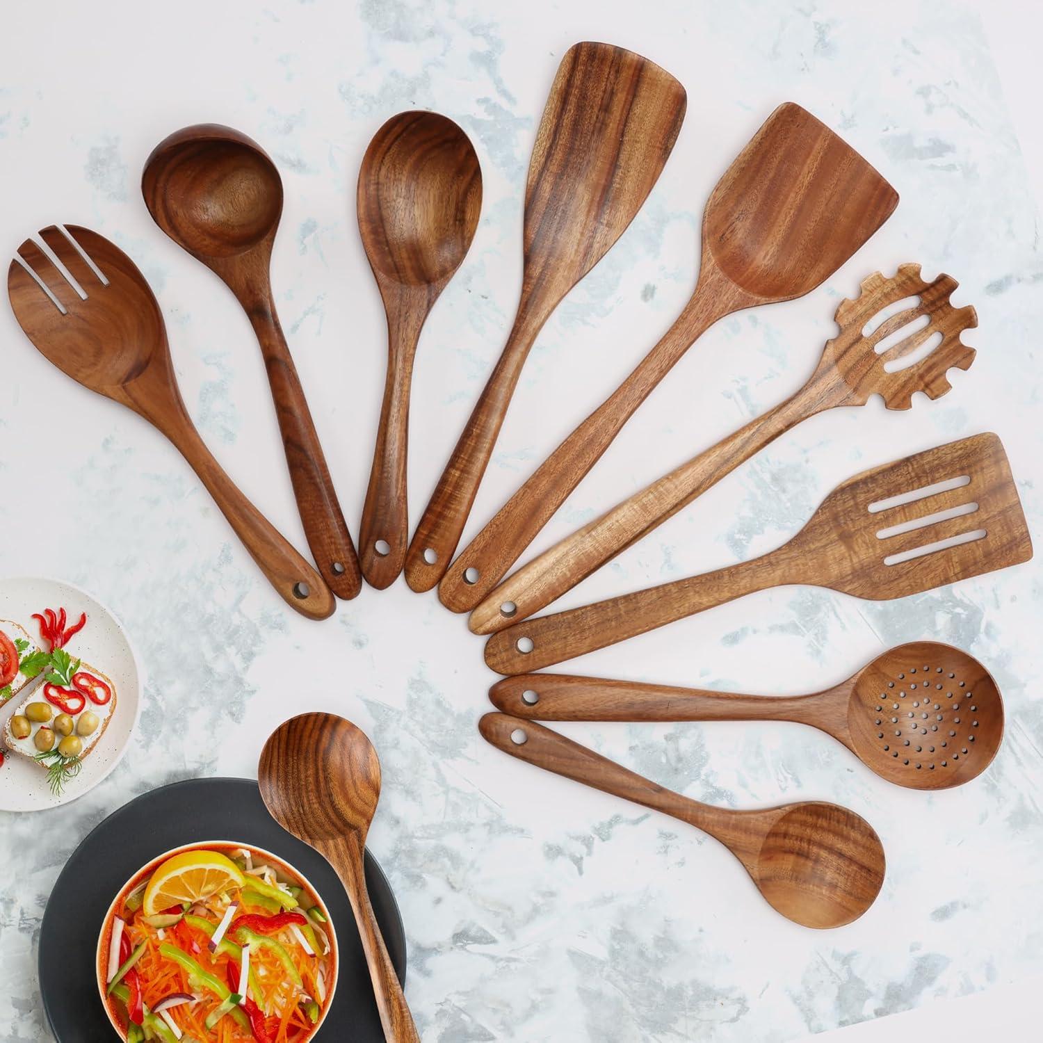 Zulay 9-Piece Teak Wooden Utensils For Cooking, Smooth Finish Kitchen Utensils Set with Gift Box