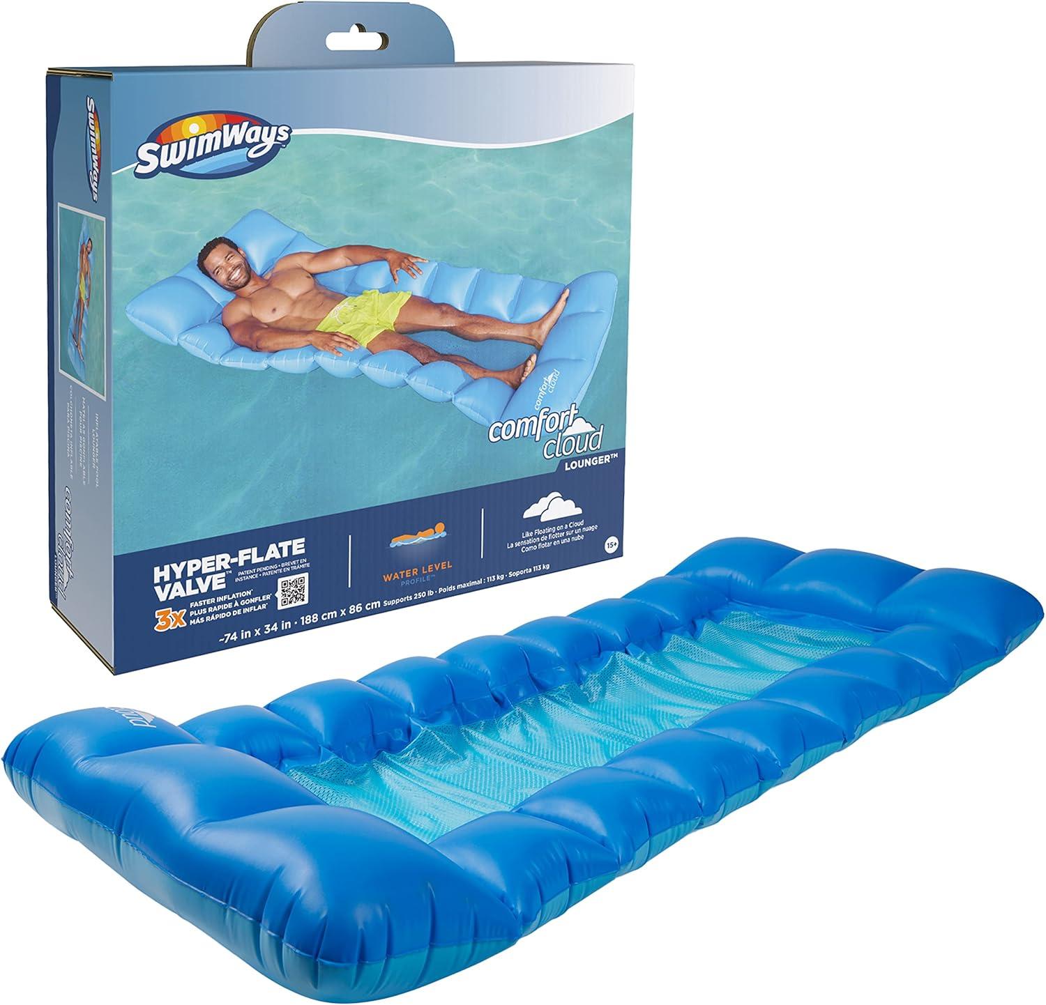 Blue Inflatable Pool Lounger with Headrest and Mesh Bed