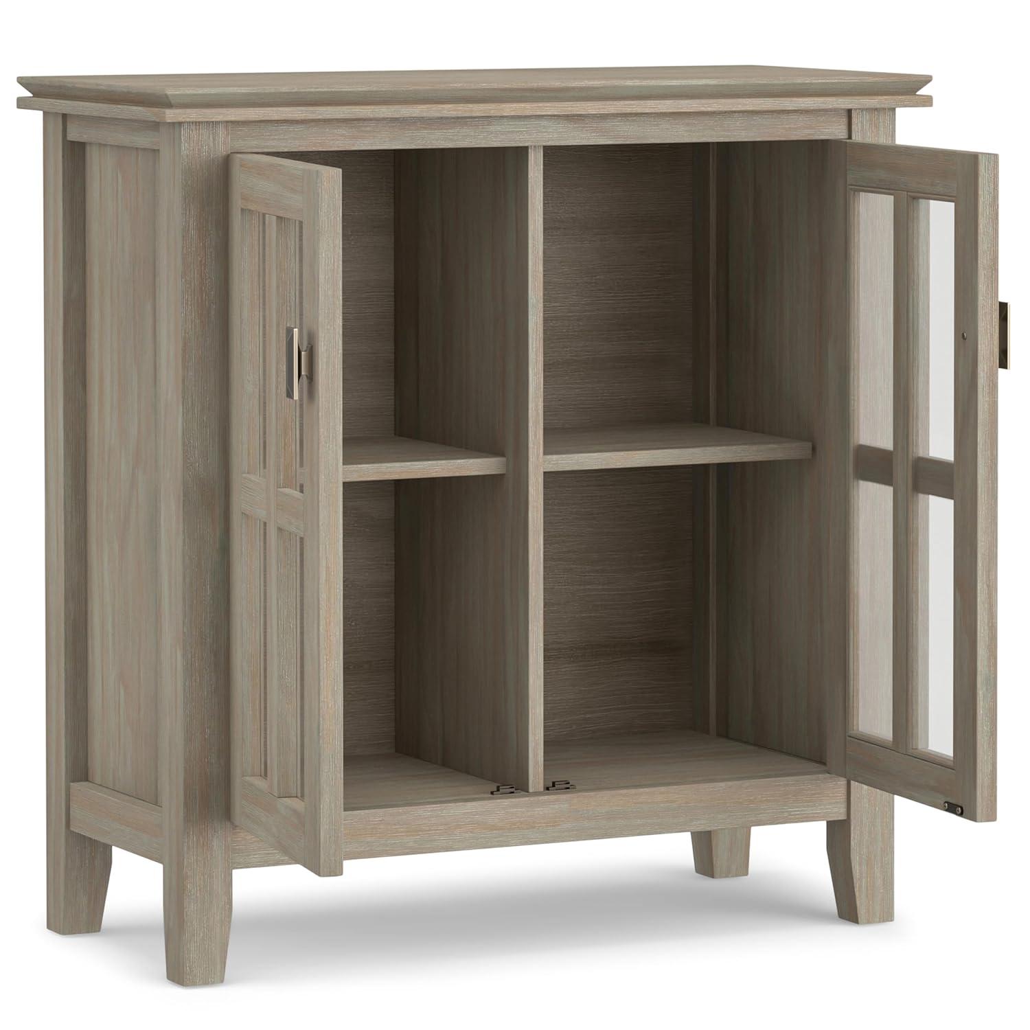 Simpli Home Artisan 30"W Solid Wood 2-Shelf Low Storage Cabinet with Glass Doors and Adjustable Shelves