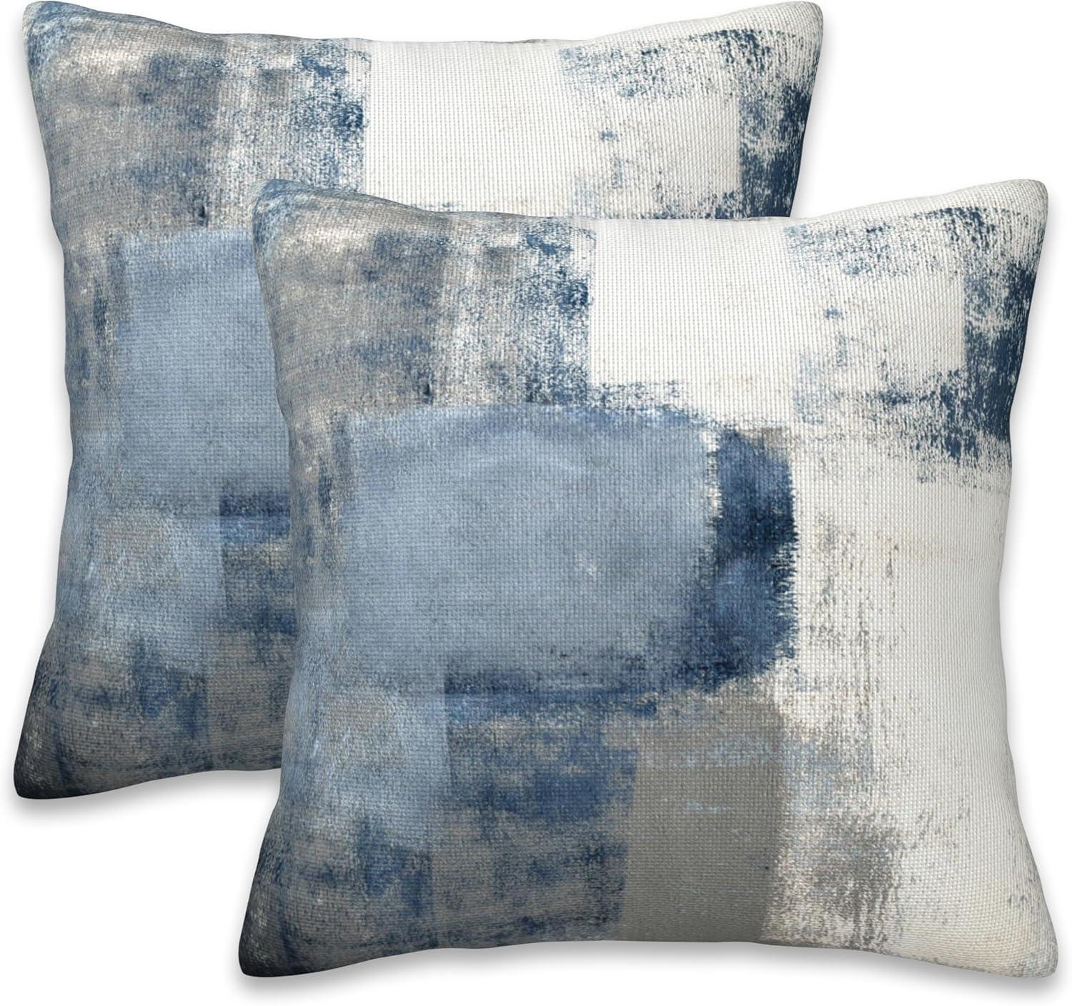 Blue and Grey Abstract Art Polyester Square Throw Pillows Set