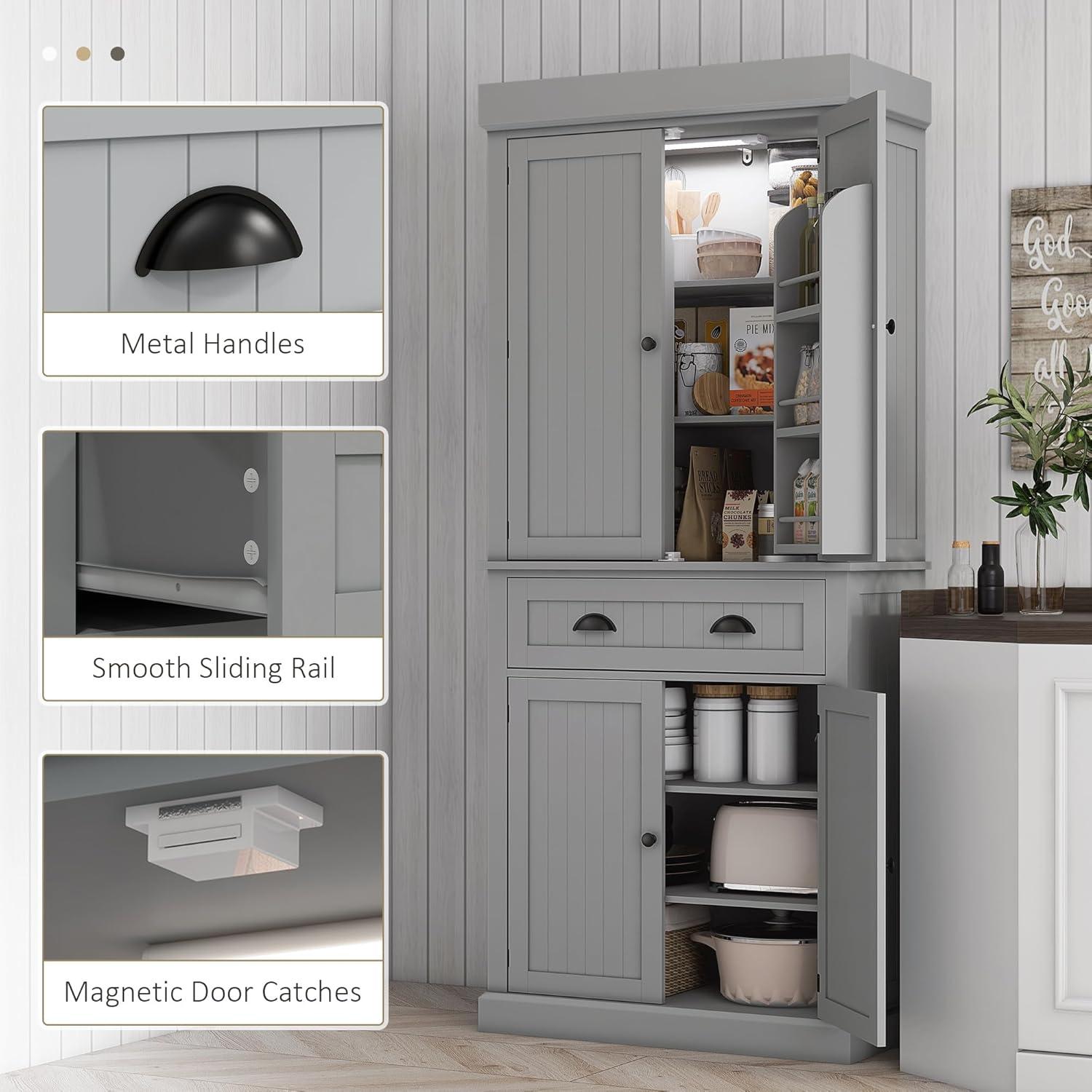 HOMCOM 71" LED Kitchen Pantry Cabinet, Tall Storage Cabinet with 6 Door Shelves, a Drawer and 4 Adjustable Shelves, Gray