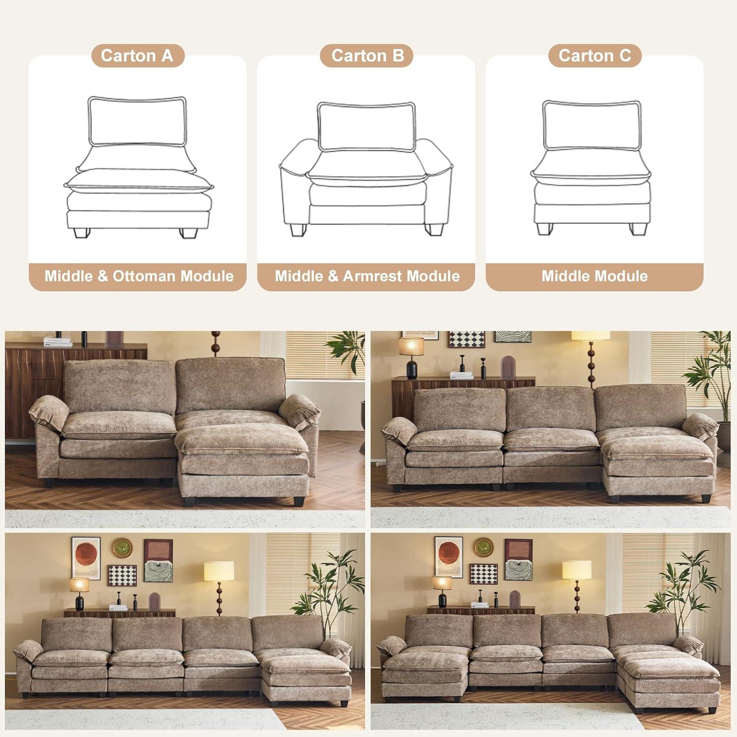 Karl home Sectional Sofa Modular Deep Seat Sofa Couch with Ottoman, Chenille Sofa Sleeper Comfy Upholstered Furniture for Living Room, Apartment, Studio, Office, (3-Seat & 1-Ottoman, Light Brown)