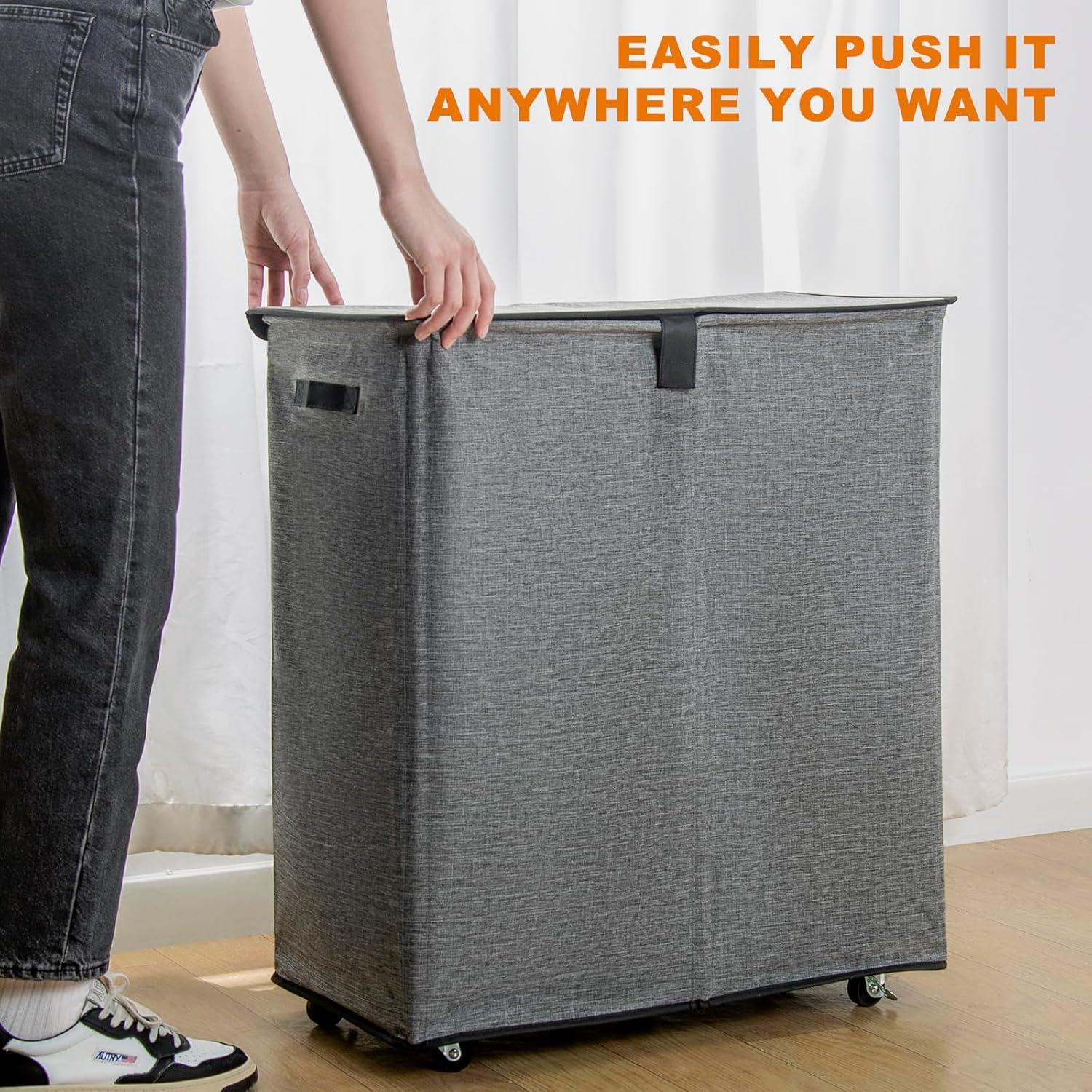 Gray Double Compartment Upright Hamper with Wheels and Lid