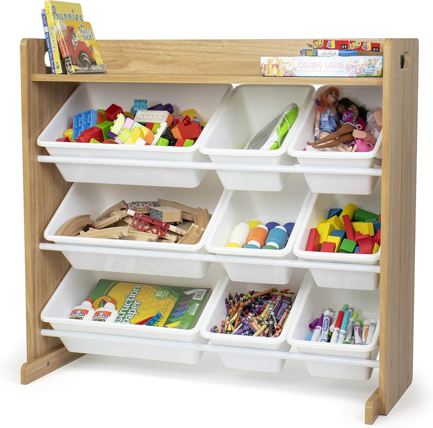 Humble Crew Journey Toy Storage Organizer with Shelf and 9 Plastic Storage Bins, Natural/White