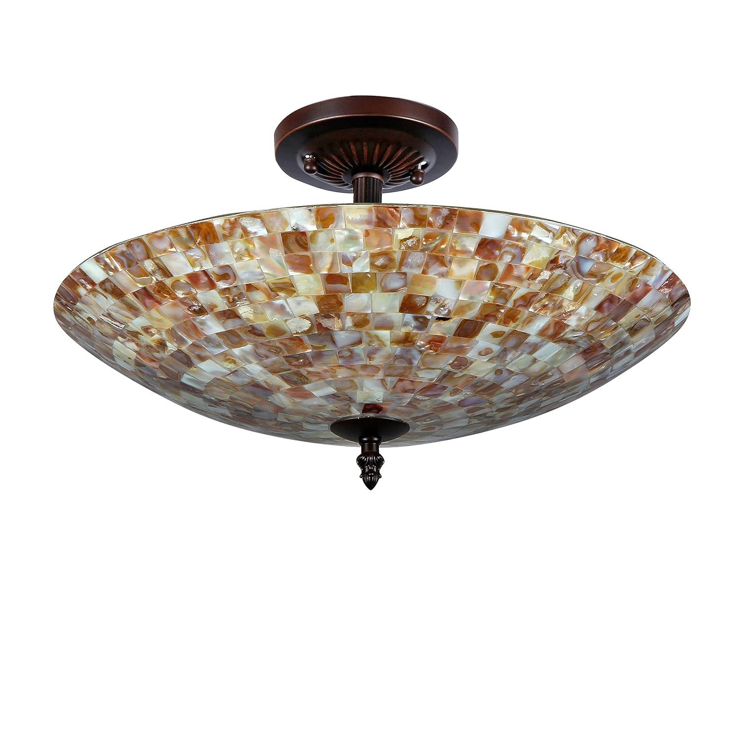 16 Inches 2 Light Mosaic Design Semi Flush Ceiling Fixture, Bronze
