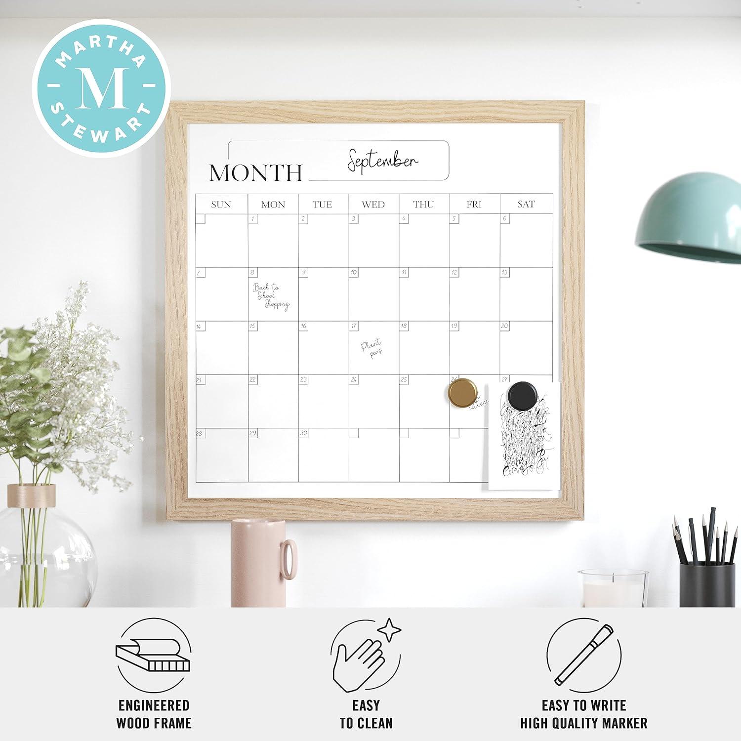 Martha Stewart Everette 18" x 18" Magnetic Monthly Calendar Dry Erase Board with Light Natural Woodgrain Frame, Included Dry Erase Marker and 2 Magnets