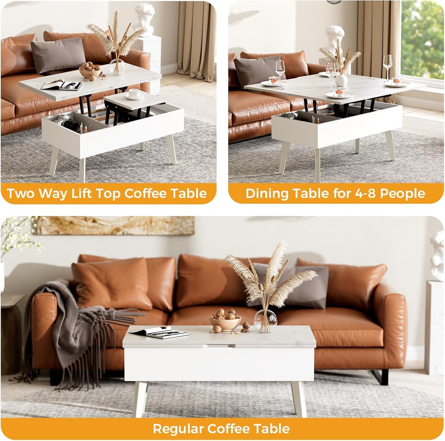 Lift Top Coffee Table, Ten Minute Install Table Center with Hidden Storage Compartments, Rising Tabletop Dining for Living Room，Walnut