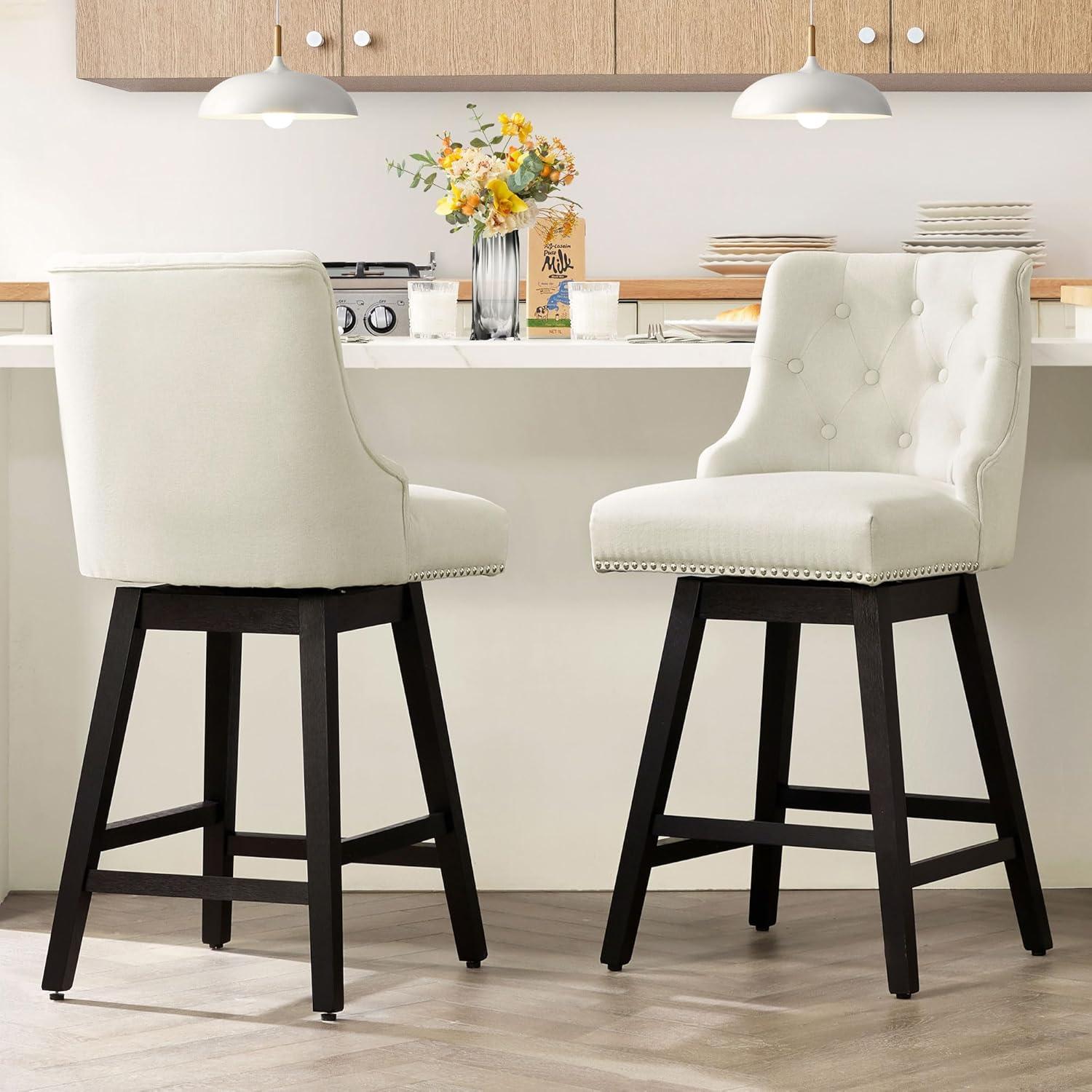 Off-White Upholstered Swivel Counter Stools with Wood Legs, Set of 2