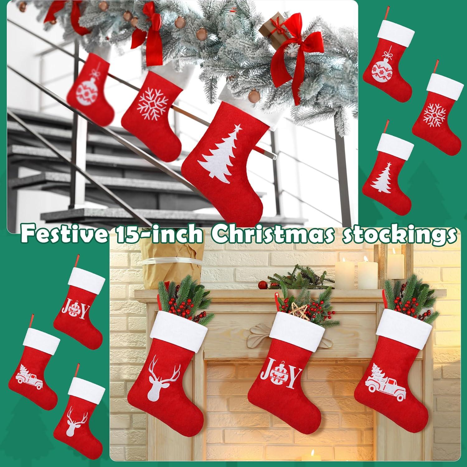 Kaireo 12 Pairs Christmas Stockings 15 Inches Red and White, Hangs Made of Non-woven Fabric for Family Christmas Holiday Decorations