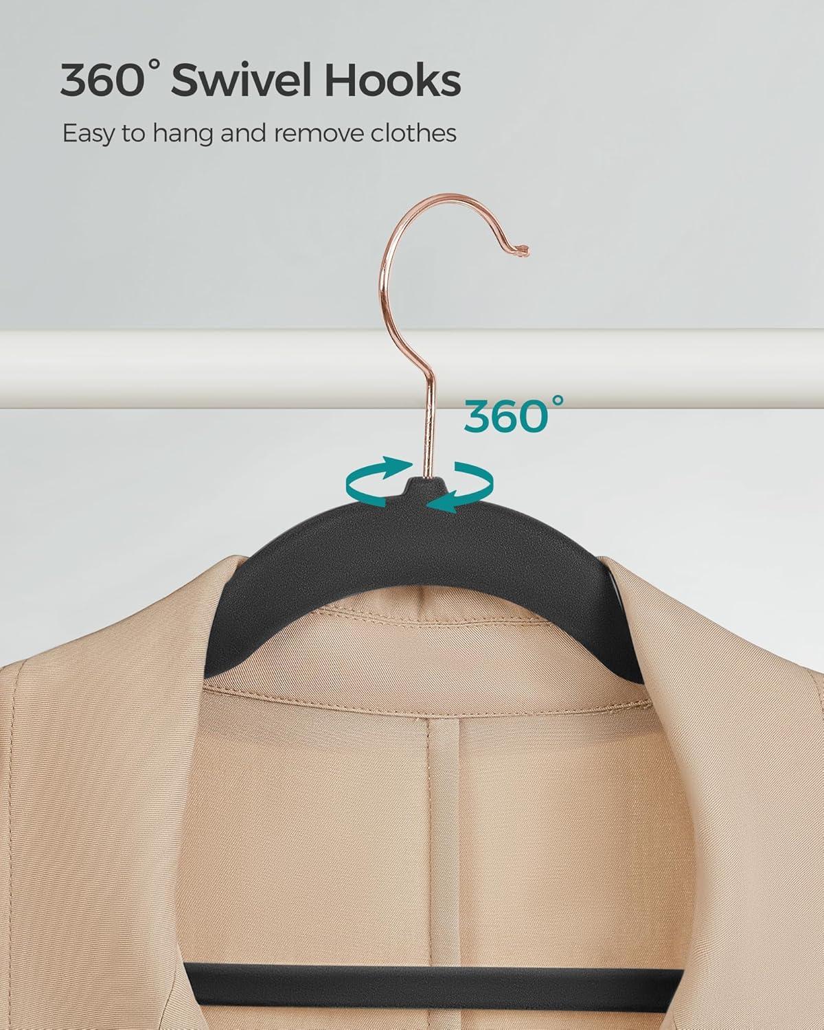 SONGMICS Velvet Hangers 50 Pack, Non-Slip with Rose Gold-Colored Swivel Hooks, Slim Space-Saving for Closet, Heavy-Duty, Black UCRF026B50