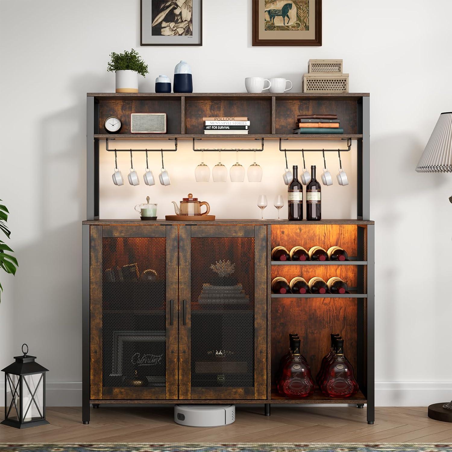 Rustic Brown Industrial Wine Bar Cabinet with LED Lights and Storage