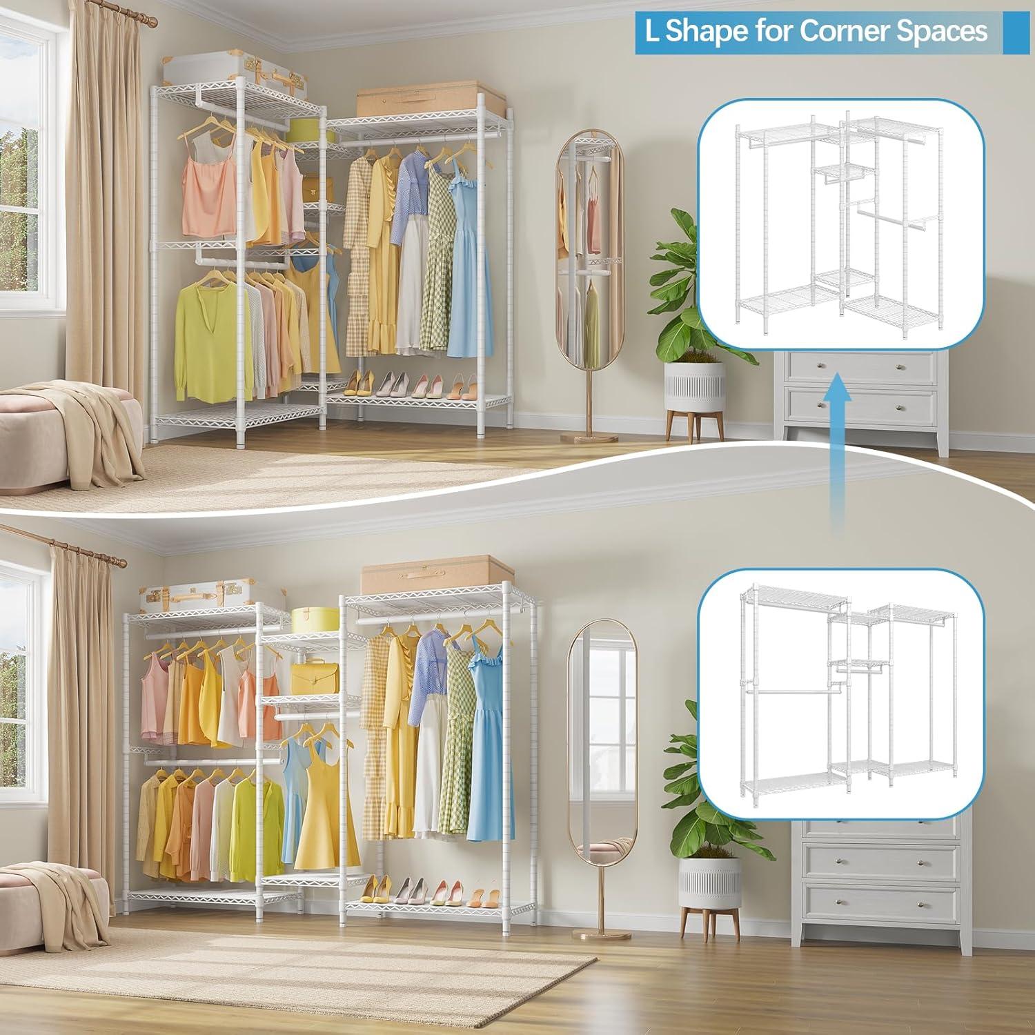 Ulif E7 Heavy Duty Garment Rack, Clothes Organizer and Storage Rack with Expandable Hangers, Metal Clothing Rack with 6 Wire Shelves, (52.3"-72") W x 14.5" D x 71.2" H, Load 838 LBS, White