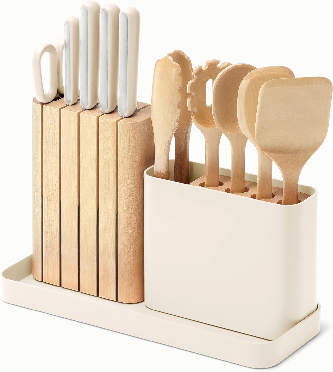 Cream 14-Piece German Steel Knife and Birch Utensil Set