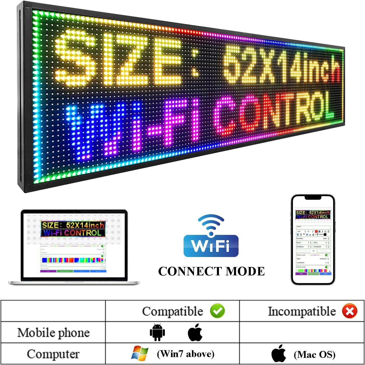 KFFKFF 52"x8" Full-Color Programmable LED Sign Scrolling Display Board P10 WIFI USB Control Message Shop Sign for Store Business Party Bar Advertising