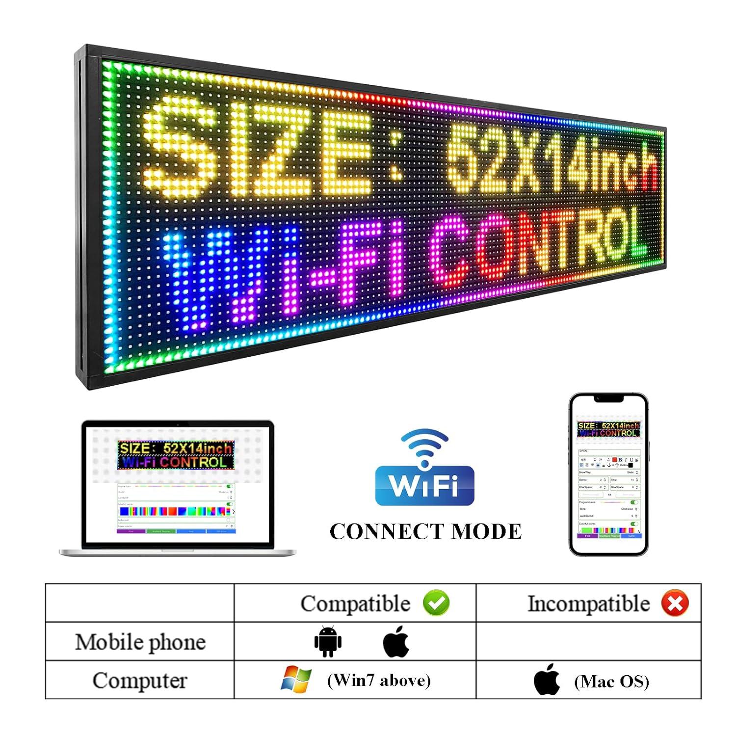 KFFKFF 52"x8" Full-Color Programmable LED Sign Scrolling Display Board P10 WIFI USB Control Message Shop Sign for Store Business Party Bar Advertising