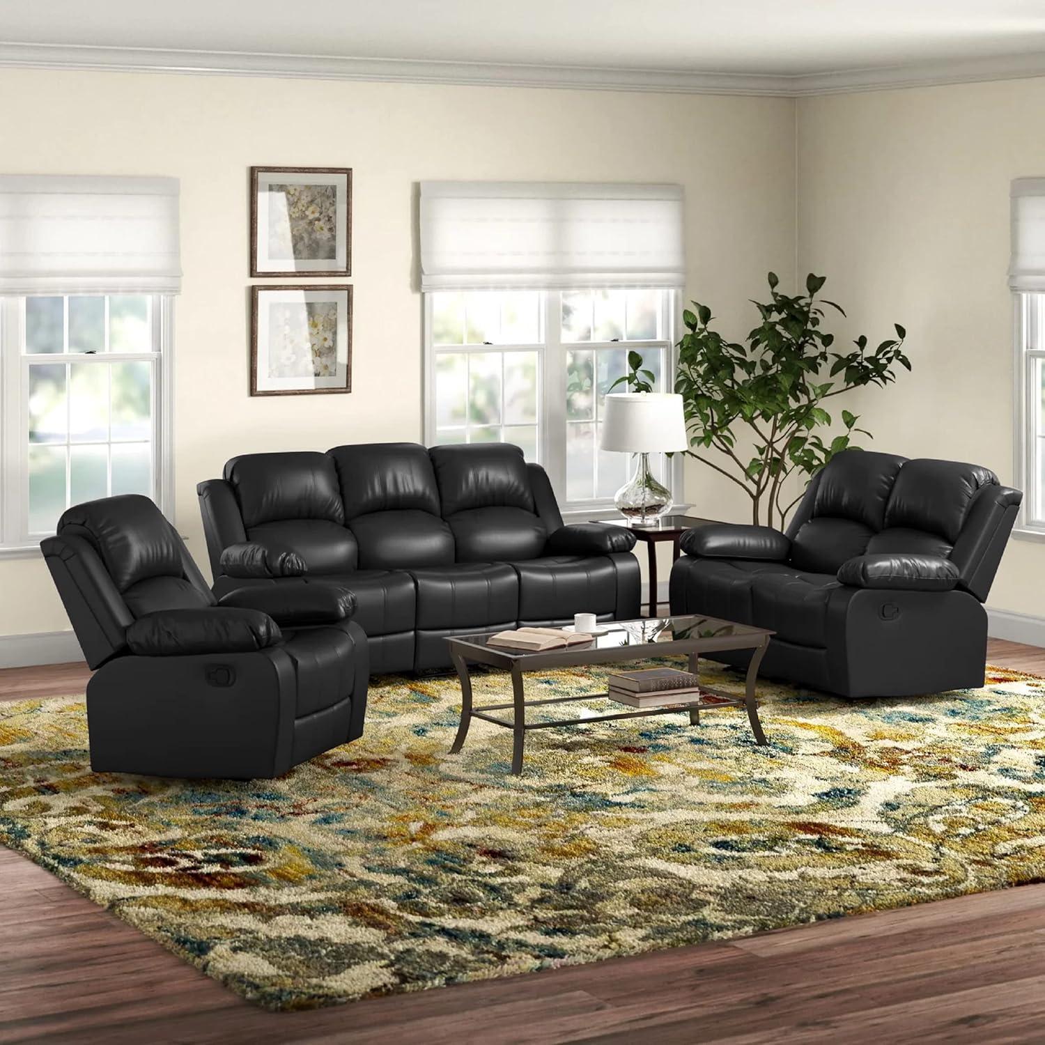 Raymond Black Faux Leather 3-Piece Recliner Set with Rocker Base