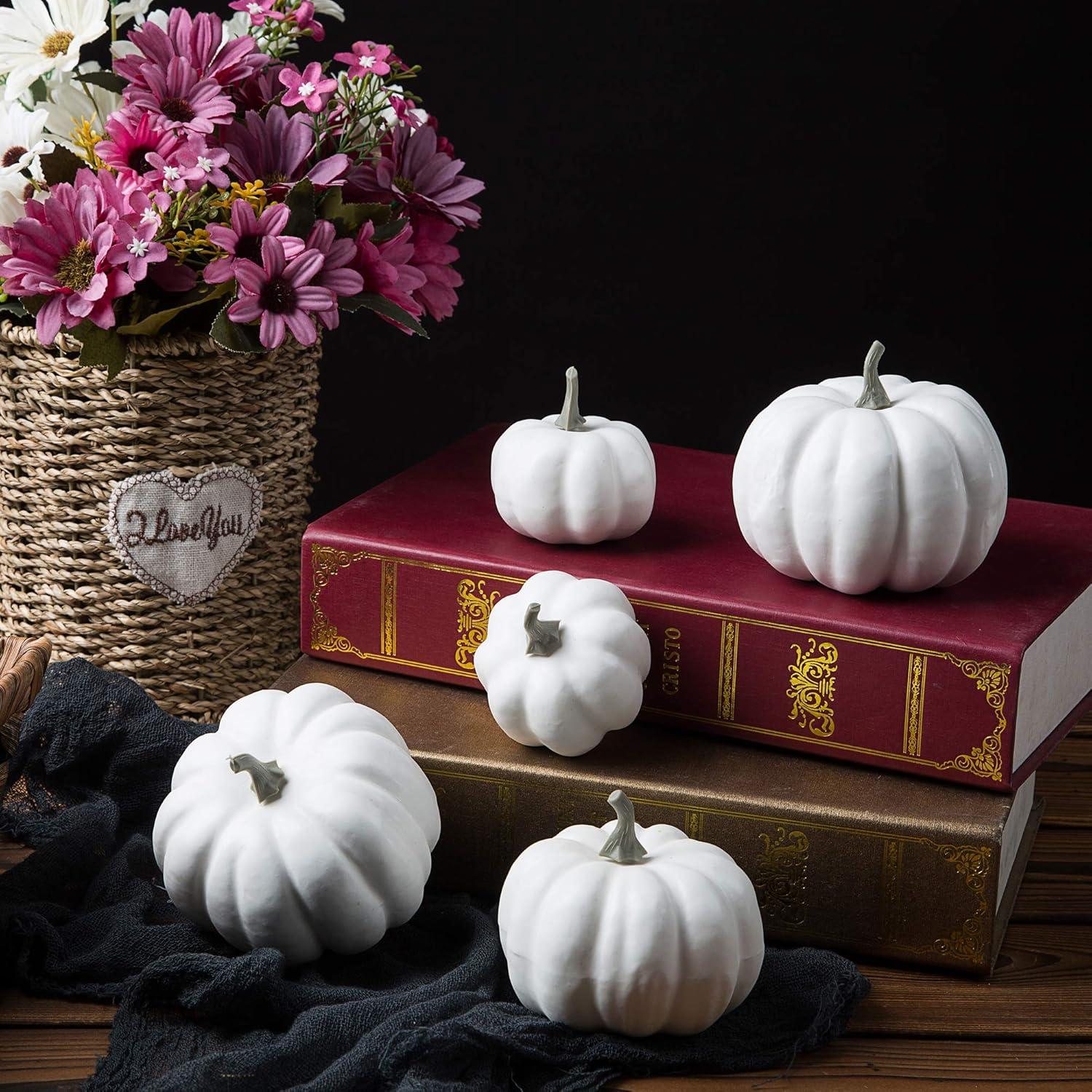 Bibana 12 Pack Artificial Assorted Pumpkins, Mini Fake Pumpkins Artificial Vegetables for Halloween,Harvest Thanksgiving Party Decor (White)