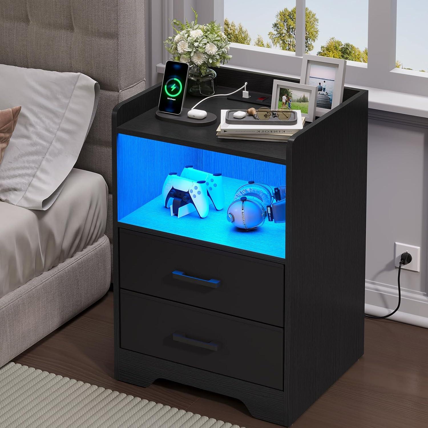 Black Nightstand Set of 2 with Outlets&USB Ports&LED Lights Modern Bedside Table Storage Cabinet with 2 Fabric Drawers for Bedroom