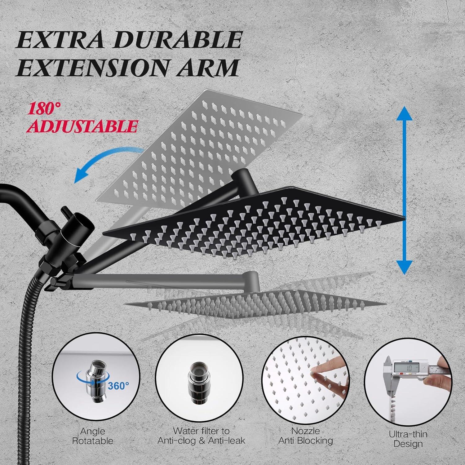 Shower Head,10”Rain Shower Head with Handheld Spray Combo with 11'' Angle Adjustable Extension Arm/Flow Regulator/Shower System,High Pressure Rainfall Shower Head Clean Bathroom,Matt Black