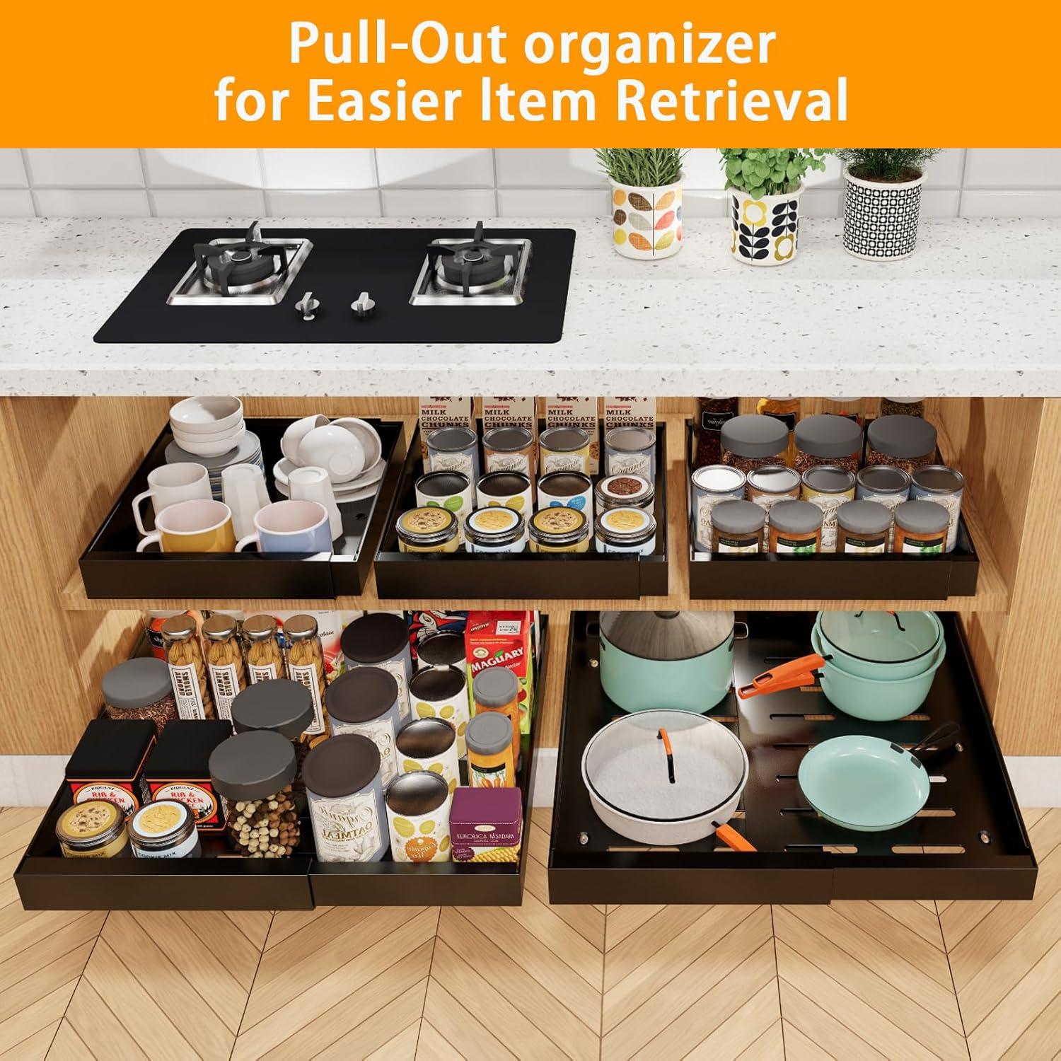 Pull Out Cabinet Organizer 2 pack,Expandable (12.6"-20.4") Pull Out Drawers for Cabinets, Slide Out Cabinet Organizers with Adhesive Nano Film for Kitchen Cabinet Organization