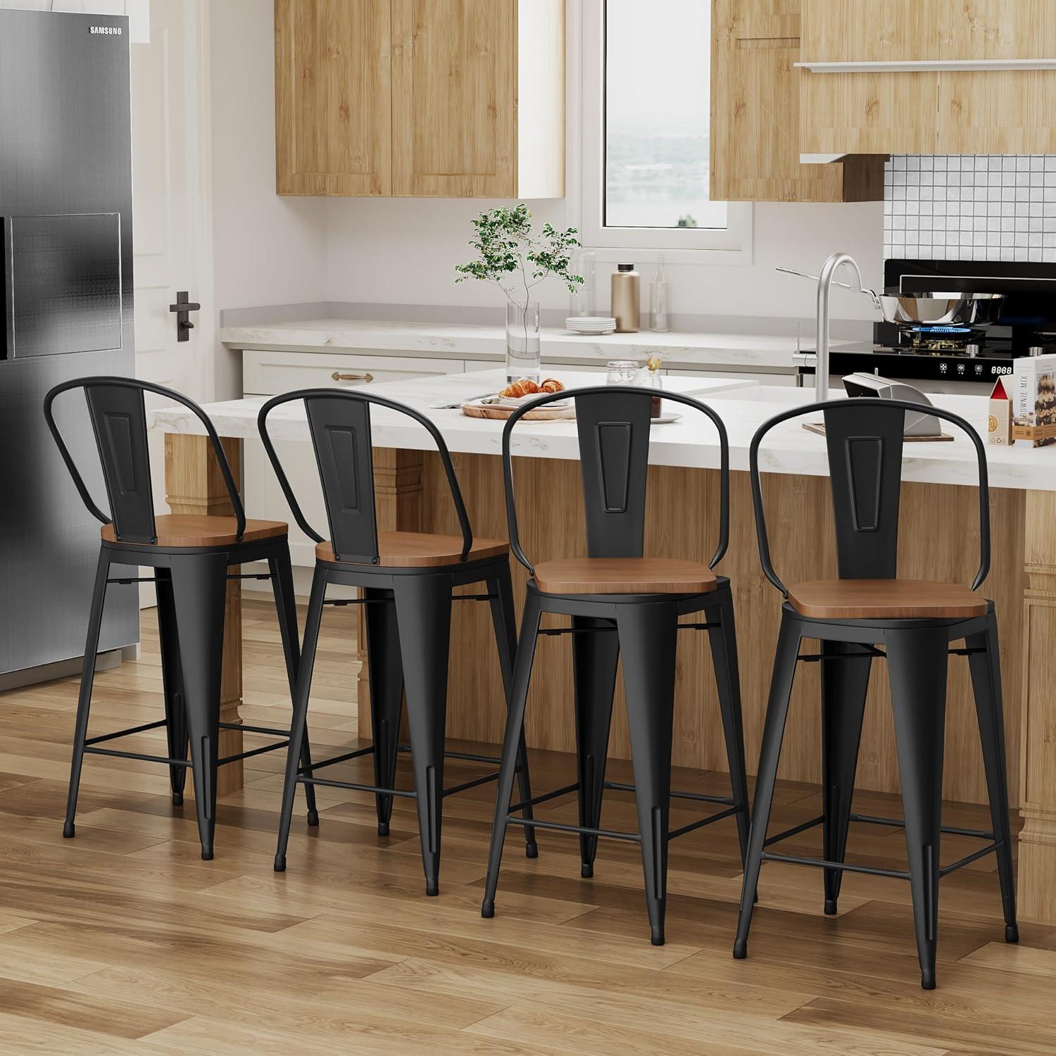 Alunaune 26" Swivel Metal Bar Stools Set of 4 High Back Counter Height Barstools Industrial Dining Bar Chairs with Large Wooden Seat-Matte Black