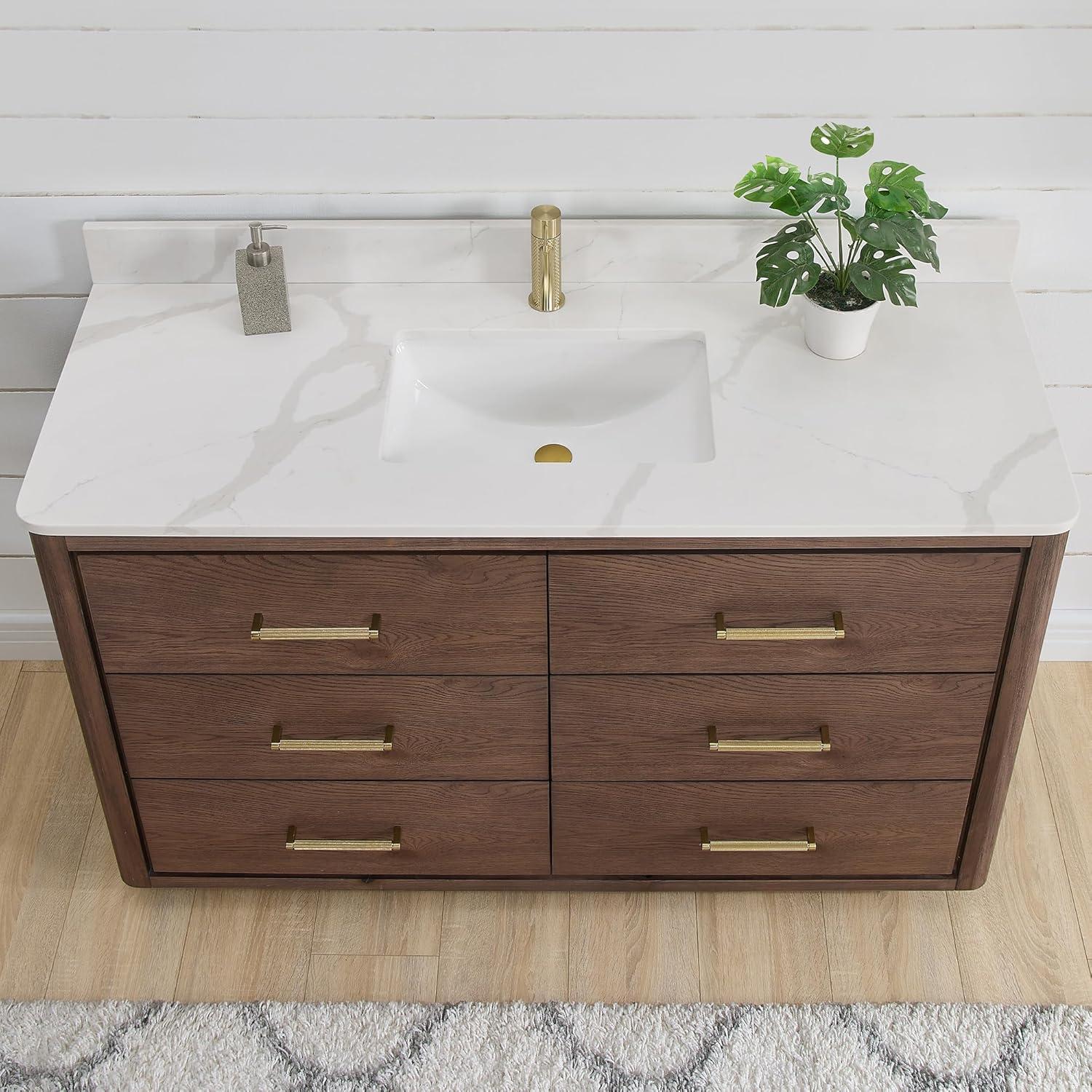 Porto 55" Aged Dark Brown Oak Single Bath Vanity with Fish Maw White Quartz