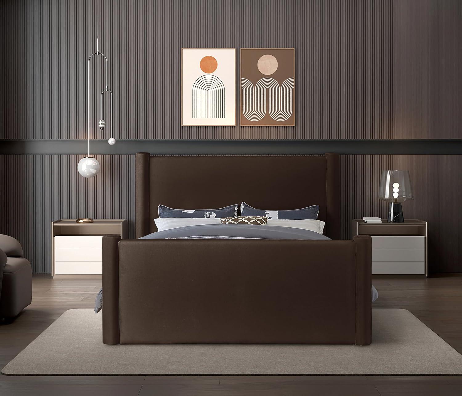 Meridian Furniture B1298Brown-Q Elias Collection Modern | Contemporary Queen Bed with Soft Brown Velvet, Solid Wood Inner Frame, 73.5" W x 88.5" D x 52" H, Brown, Queen