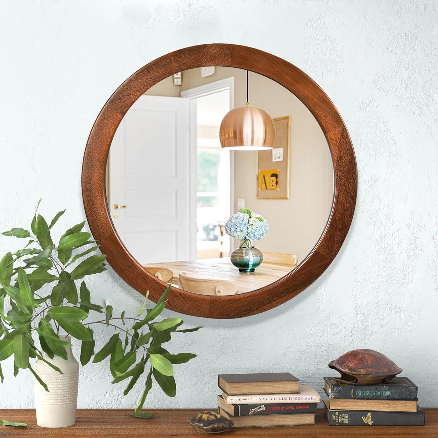 Rustic Walnut 30-Inch Round Vanity Mirror