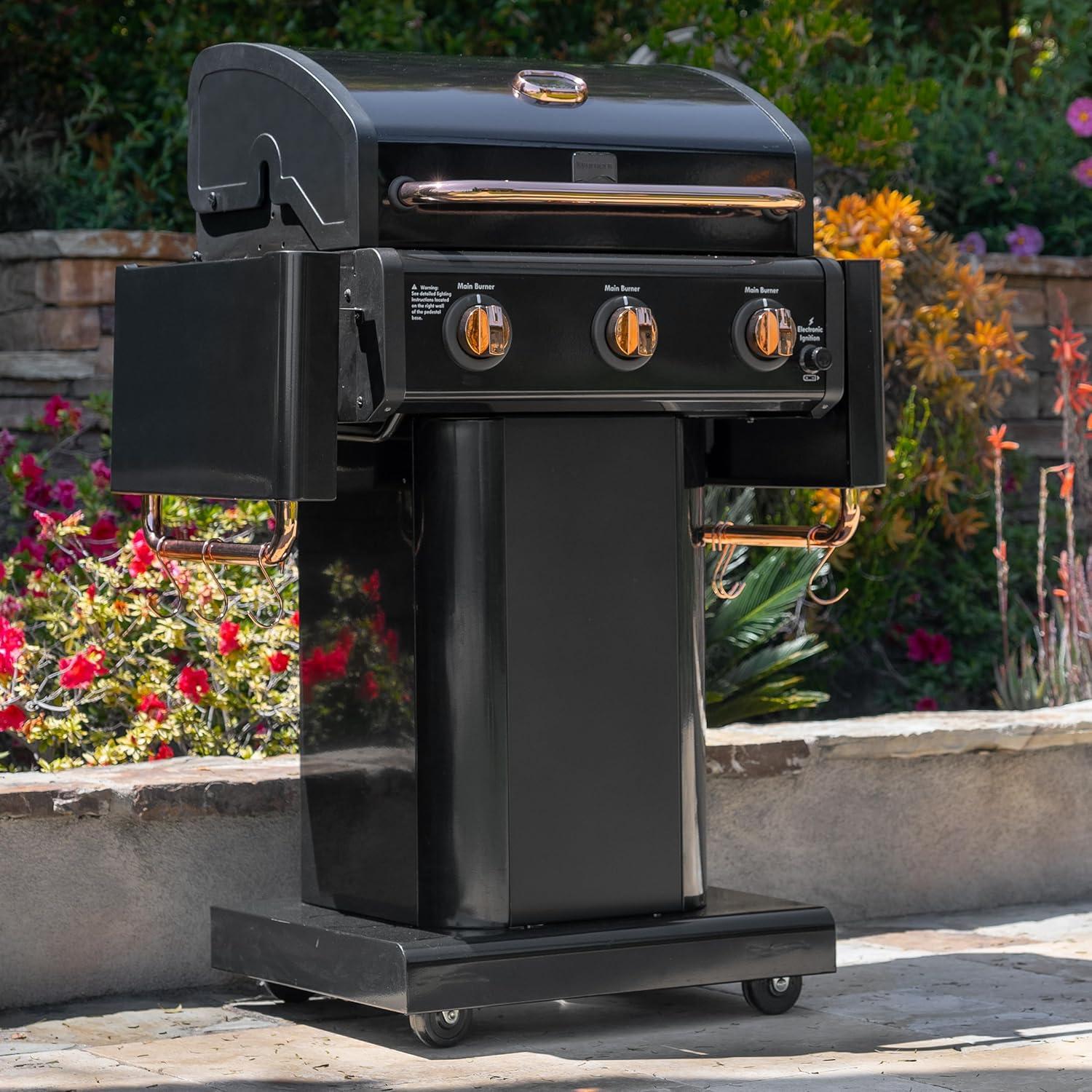 Kenmore 3-Burner Propane Gas Grill with Foldable Side Tables for Outdoor BBQ