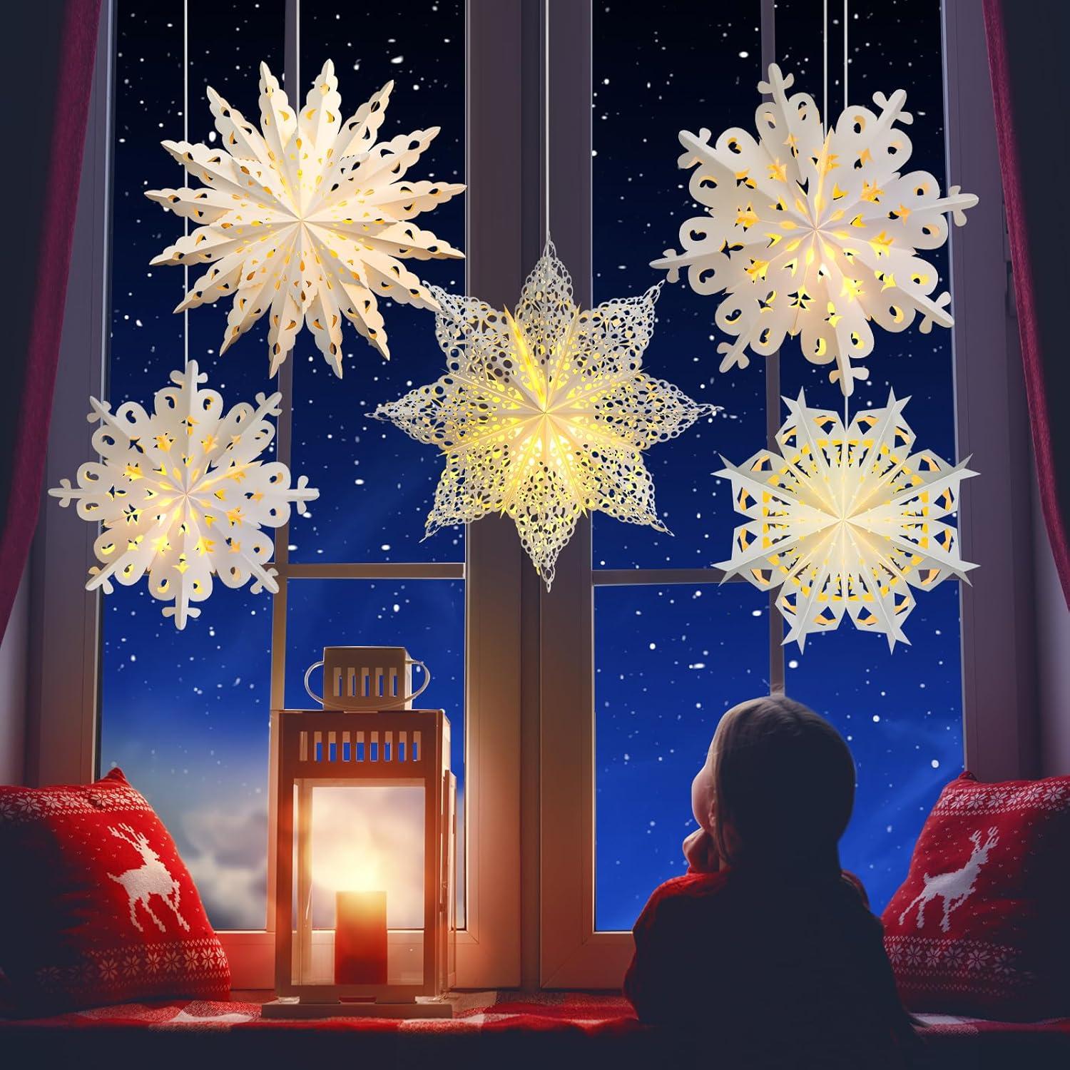 Mudder 5 Pieces Christmas Snowflake Paper Lantern with 7 Light up Star Paper 3D Hanging Lantern Lamp Party Decoration for Weddings Holiday Xmas Trees(Cute Style,White)
