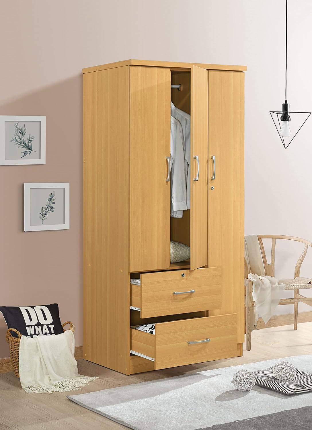 Hodedah 3 Door Armoire with 2 Drawers 3 Shelves in Beige Wood