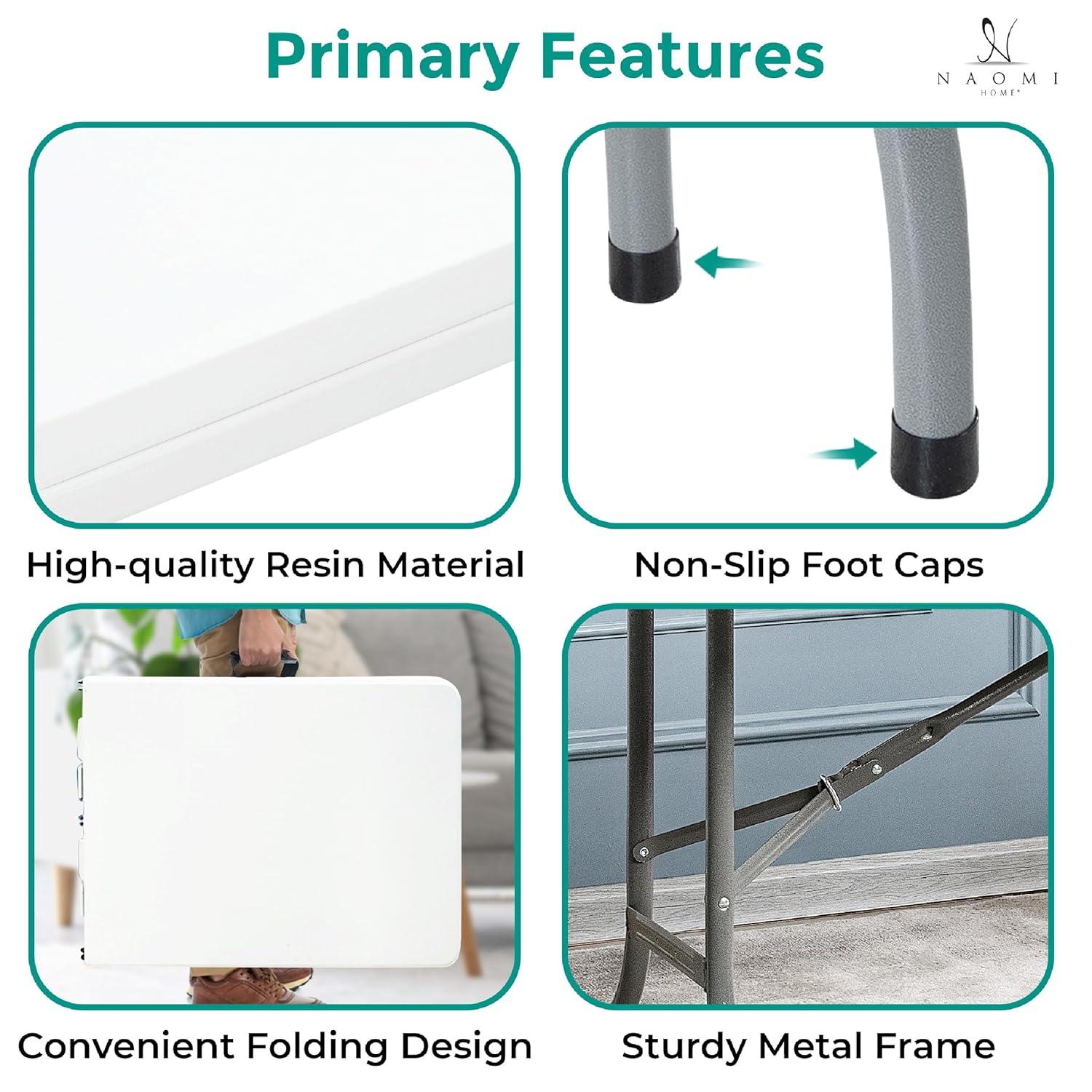 6ft Folding Table Multipurpose Foldable Dinner Table Portable Folding Rectangular Resin Table for Outdoor Camping Picnic Party by Naomi Home - White