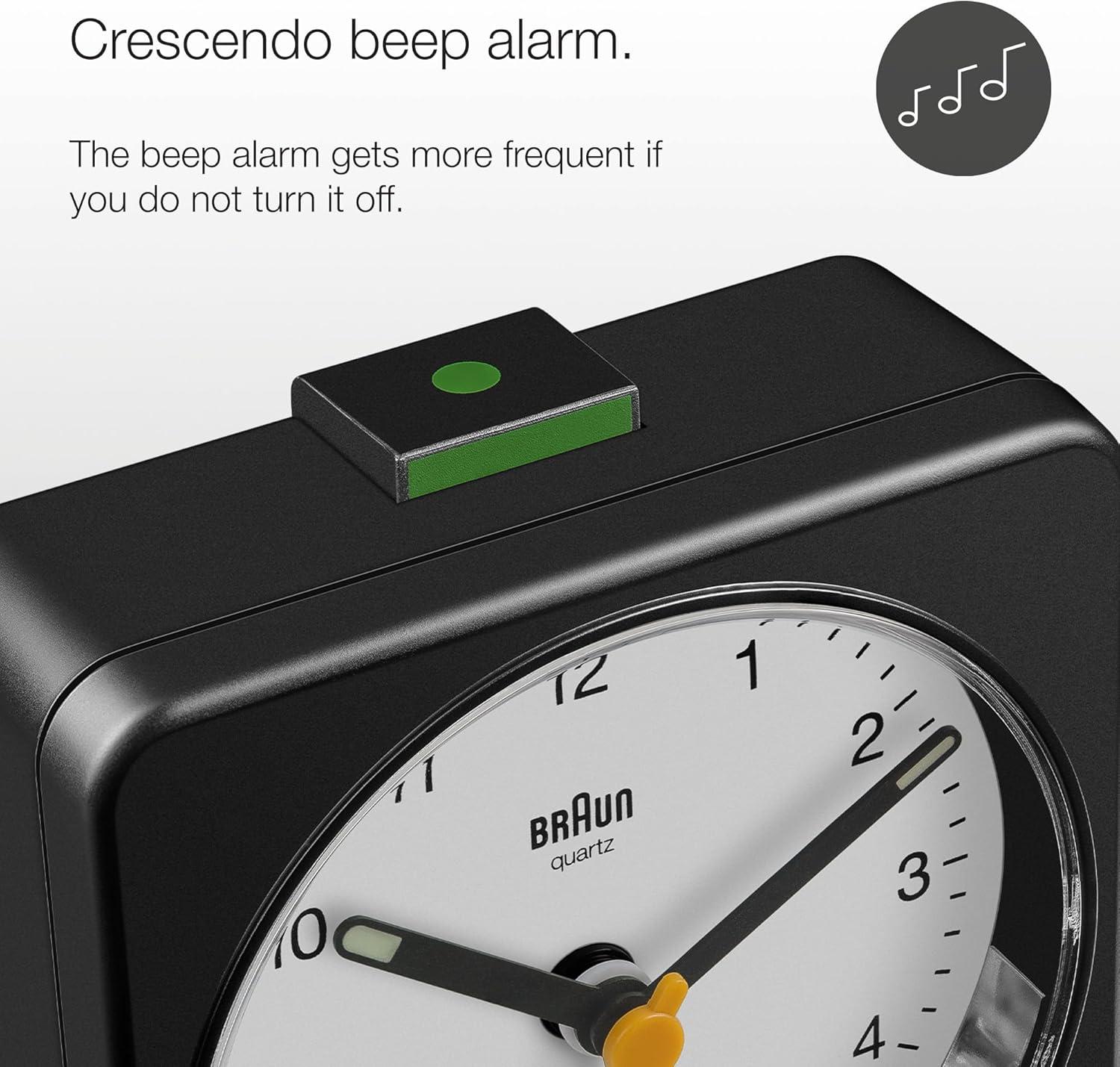 Braun Classic Analogue Alarm Clock with Snooze and Light, Quiet Quartz Sweeping Movement, Crescendo Beep Alarm in Black and White, Model BC03BW.