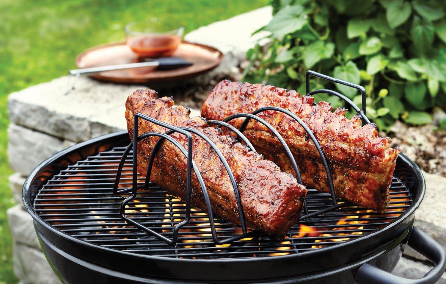 Nonstick Reversible Rib Rack - Outset: Steel Grill Cookware, Hand Wash, Smoker & Taco Oven Compatible